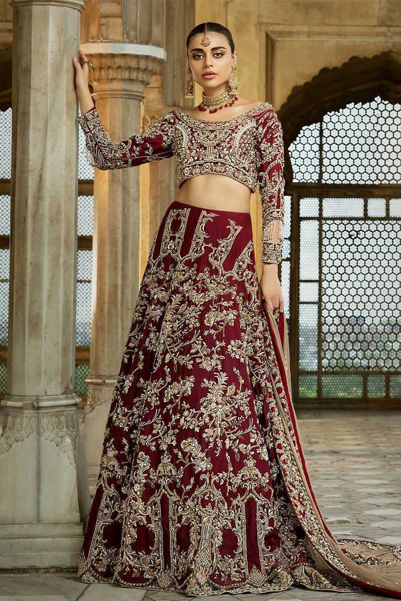 Maroon Threadwork Silk Bridal Lehenga (3-Piece) - Image 1