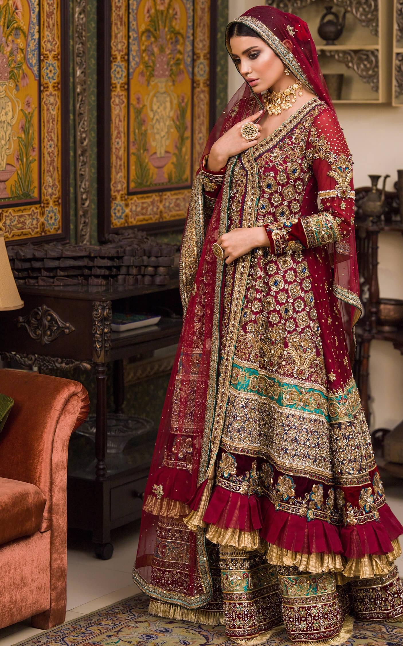Pakistani Deep Maroon Embellished Silk Bridal Lehenga (3-Piece) - Image 1