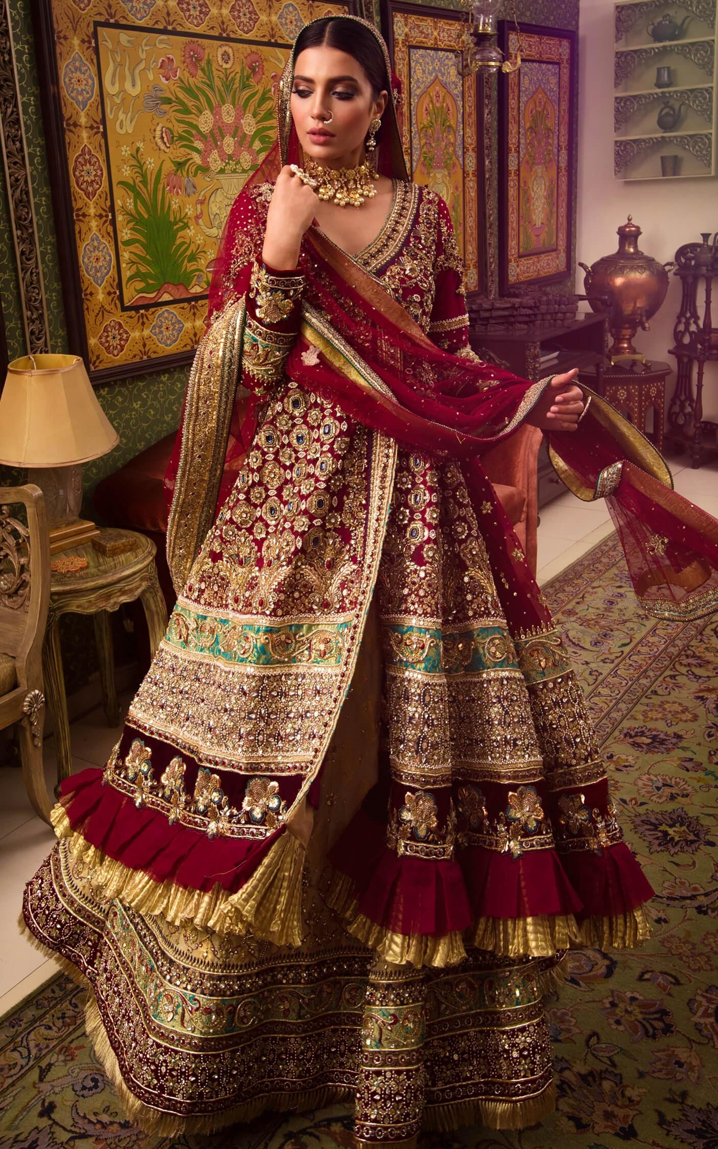 Pakistani Deep Maroon Embellished Silk Bridal Lehenga (3-Piece) - Image 2