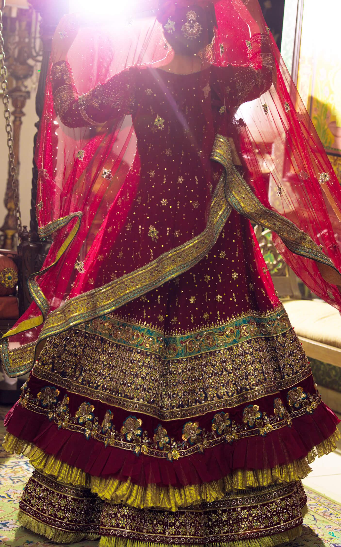 Pakistani Deep Maroon Embellished Silk Bridal Lehenga (3-Piece) - Image 3