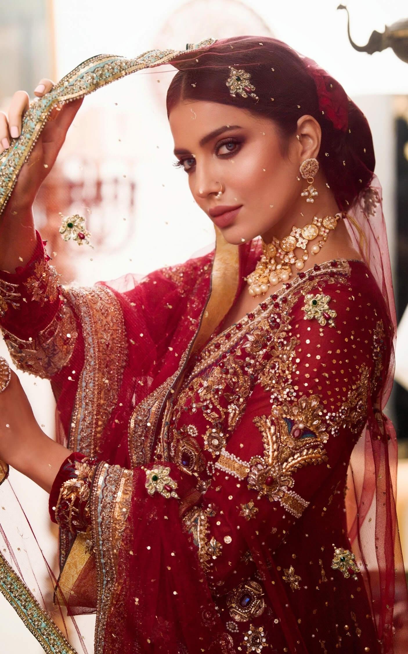 Pakistani Deep Maroon Embellished Silk Bridal Lehenga (3-Piece) - Image 4