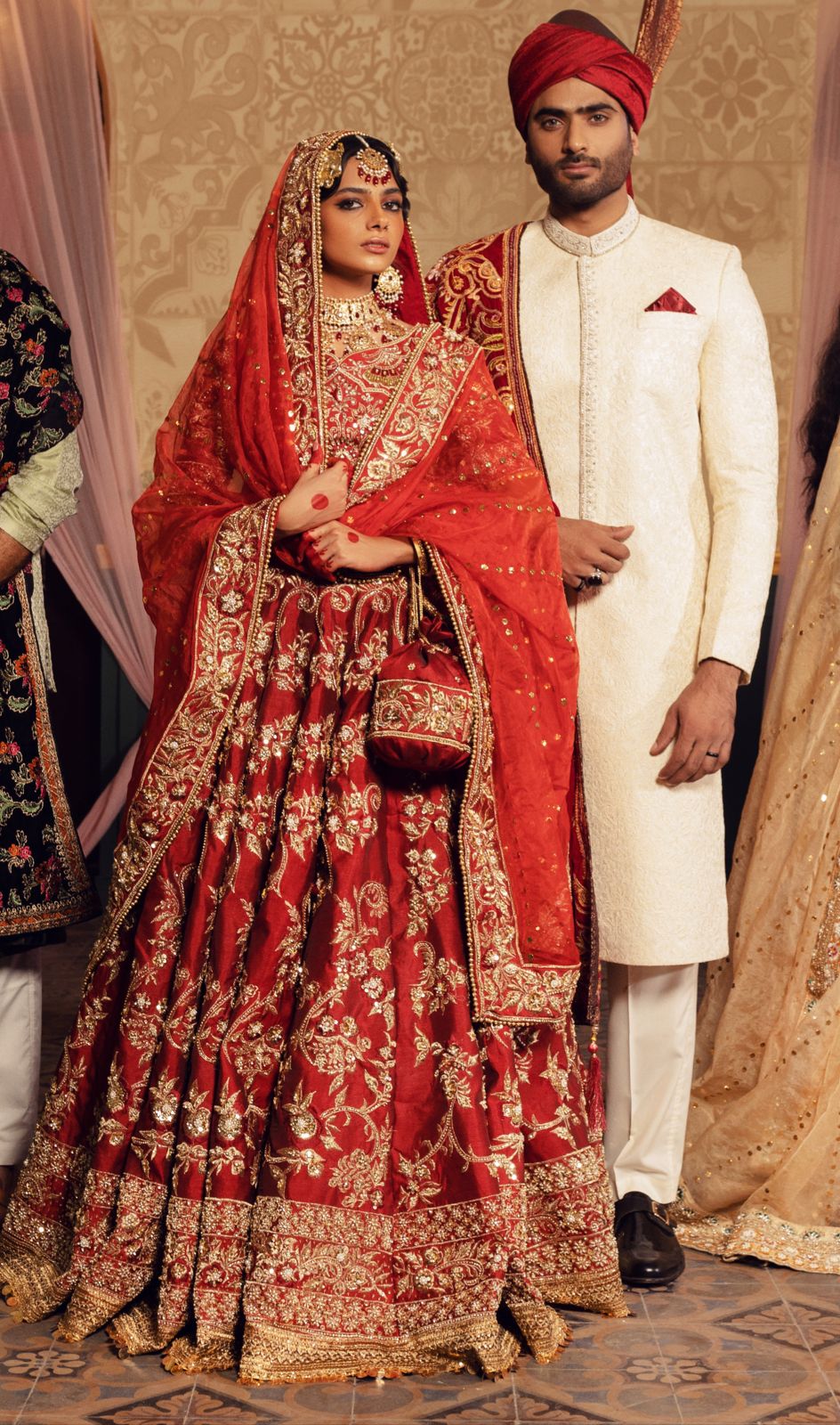 Pakistani Deep Maroon Gold Embroidered Silk Lehenga (3-Piece) - Image 1