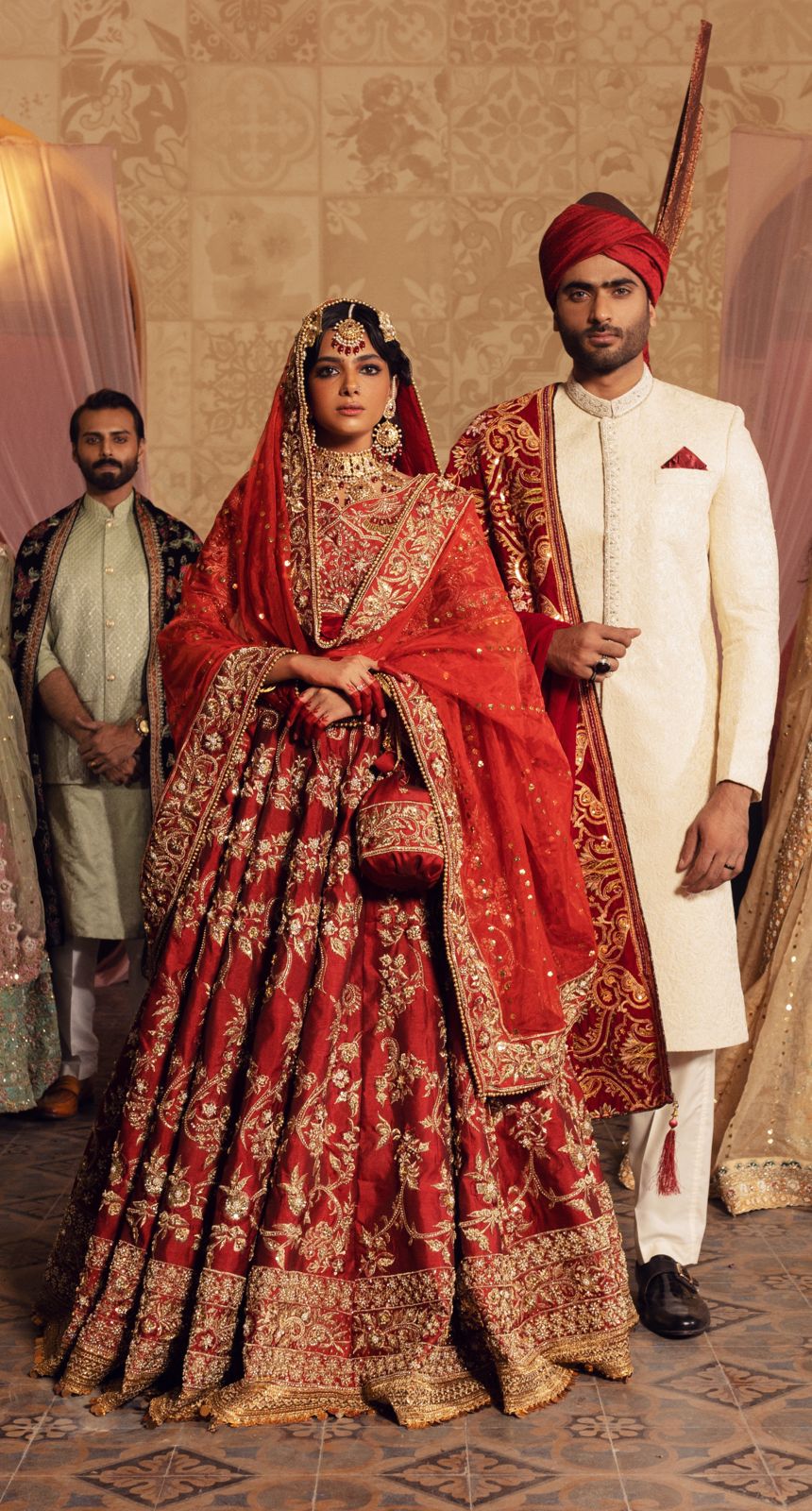 Pakistani Deep Maroon Gold Embroidered Silk Lehenga (3-Piece) - Image 2