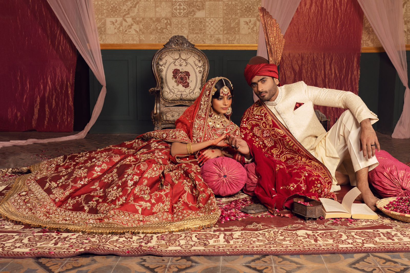 Pakistani Deep Maroon Gold Embroidered Silk Lehenga (3-Piece) - Image 3