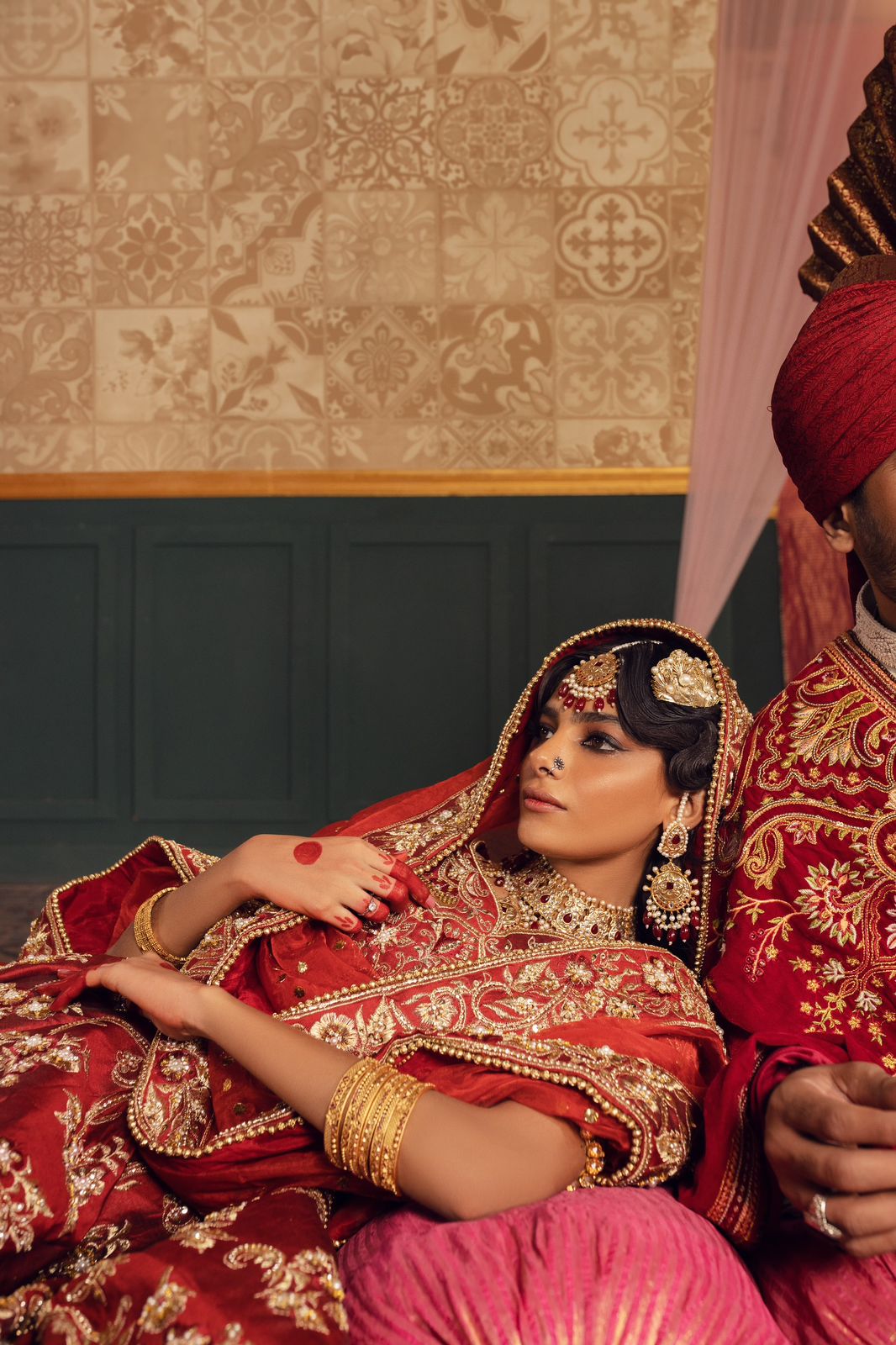 Pakistani Deep Maroon Gold Embroidered Silk Lehenga (3-Piece) - Image 4