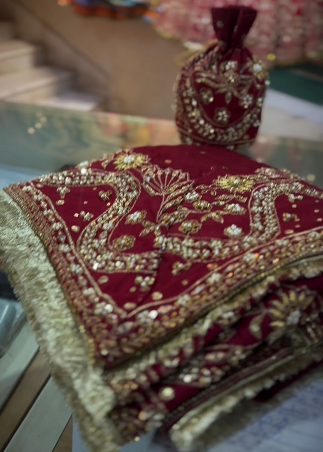 Reddish Mehroon Embroidered Silk Bridal Lehenga Choli (3-Piece) - Image 4