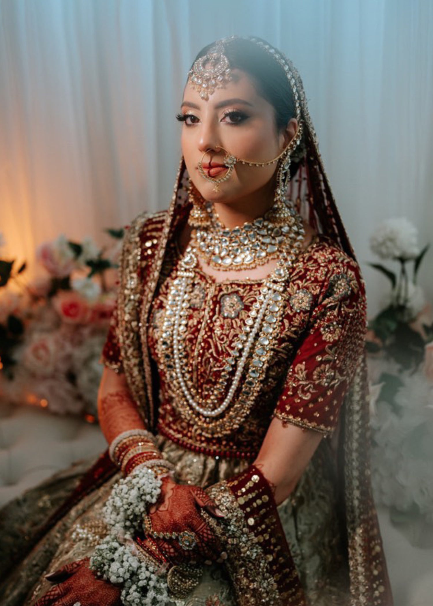 Pakistani Deep Maroon Gold Embellished Silk Bridal Lehenga (3-Piece) - Image 1