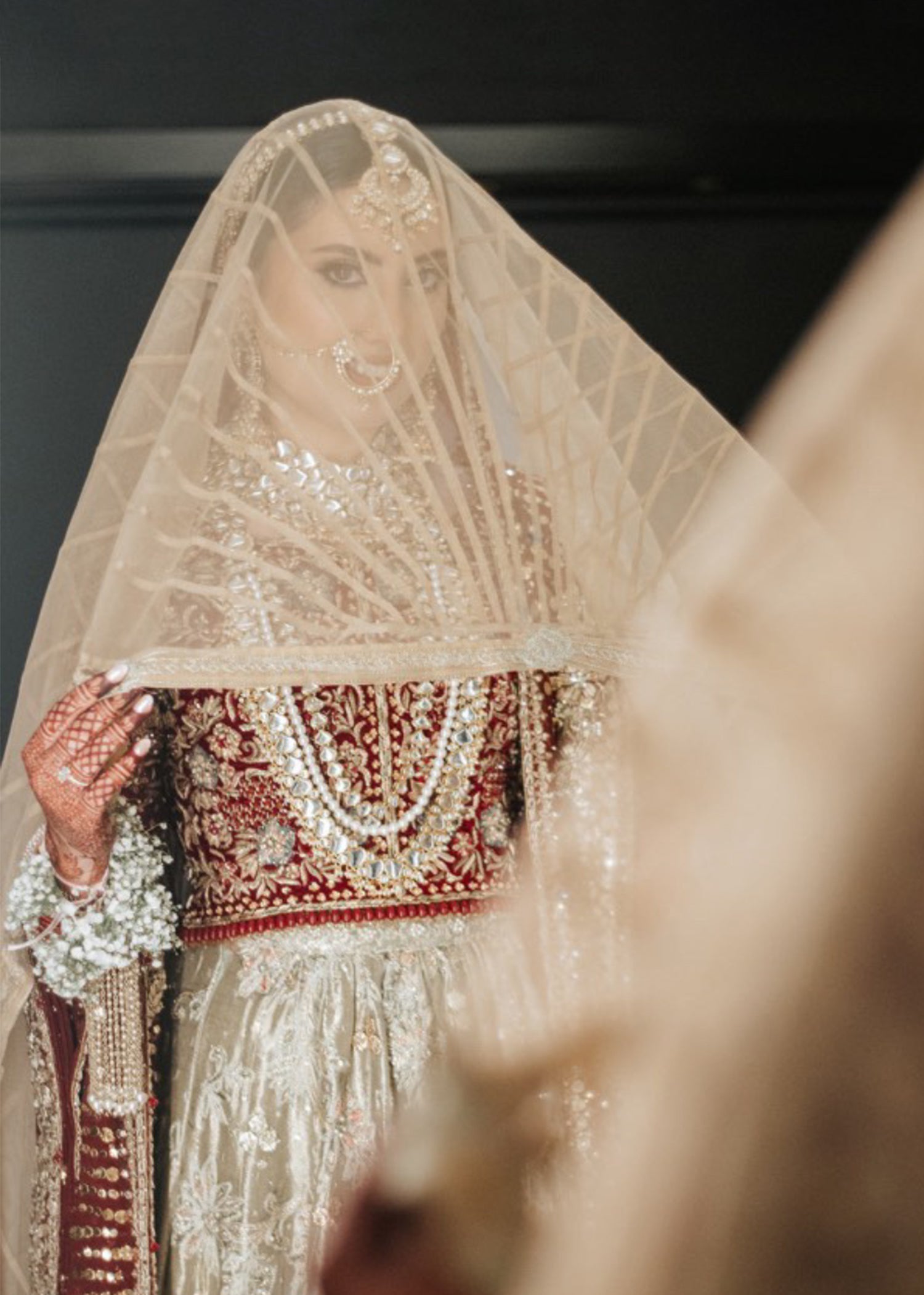 Pakistani Deep Maroon Gold Embellished Silk Bridal Lehenga (3-Piece) - Image 2