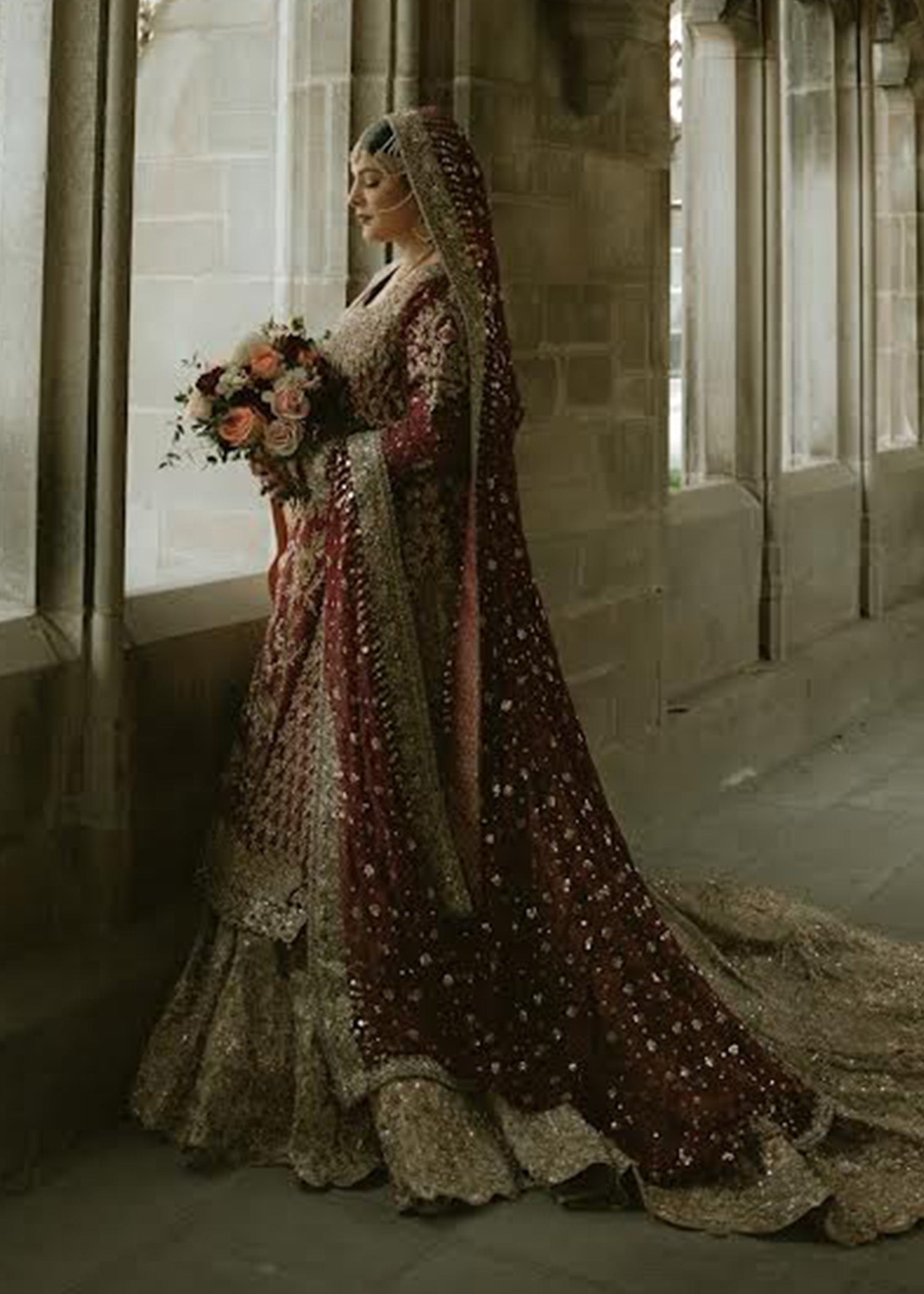 Deep Maroon Gold Embroidered Silk Bridal Lehenga (3-Piece) - Image 1