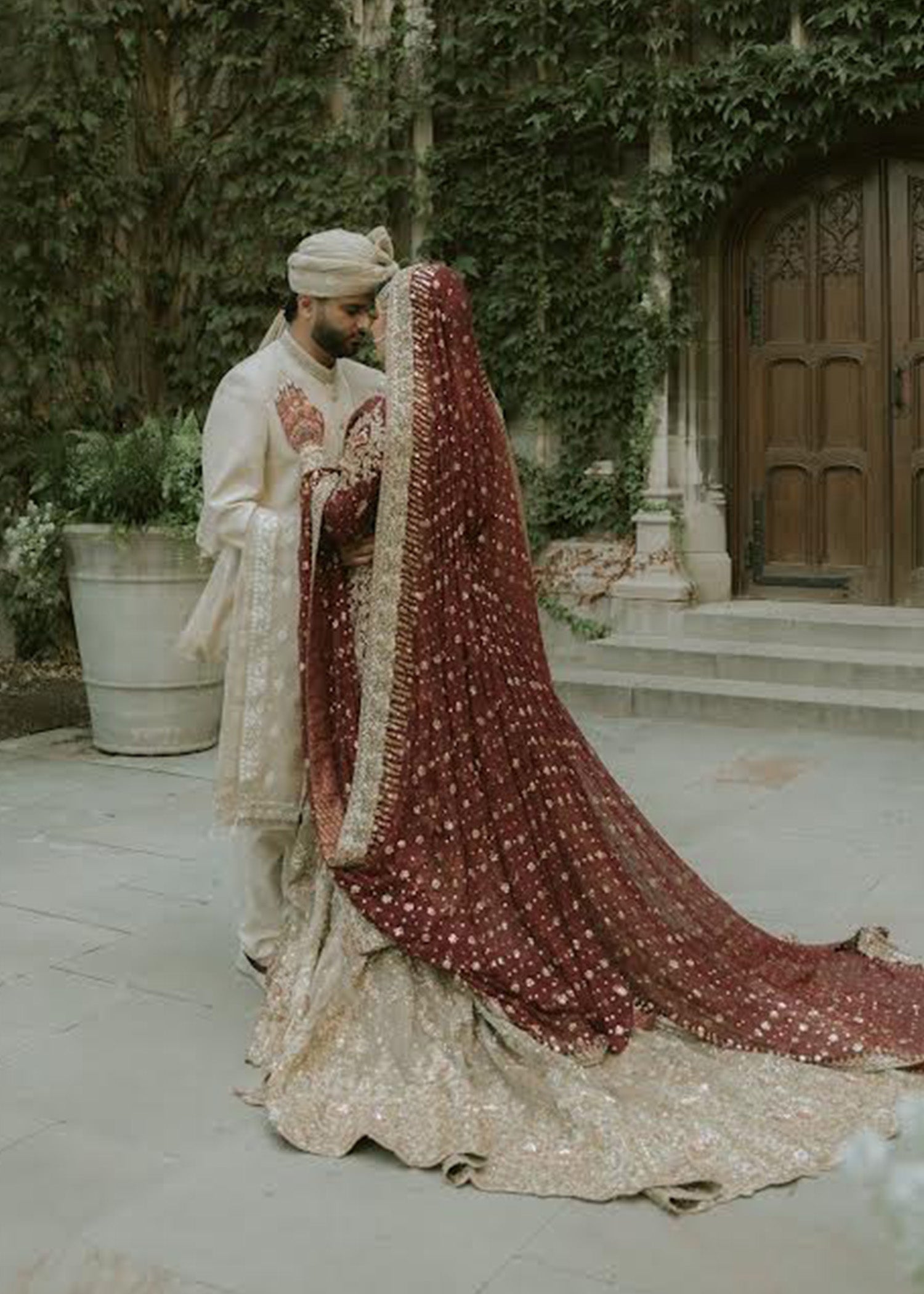 Deep Maroon Gold Embroidered Silk Bridal Lehenga (3-Piece) - Image 11