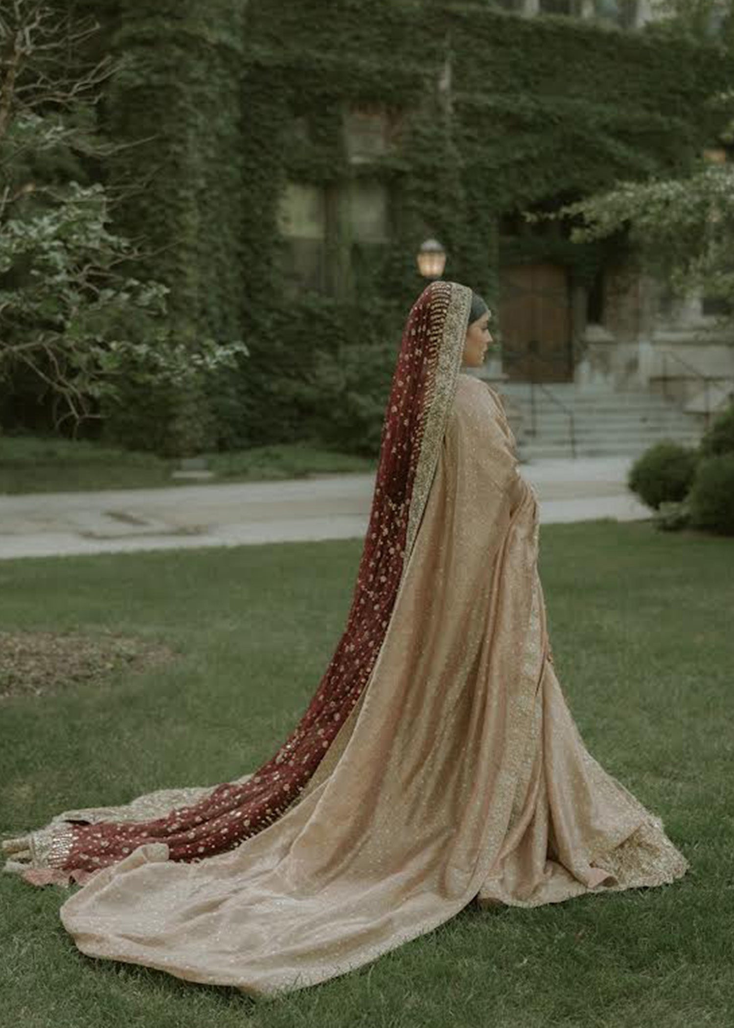 Deep Maroon Gold Embroidered Silk Bridal Lehenga (3-Piece) - Image 2