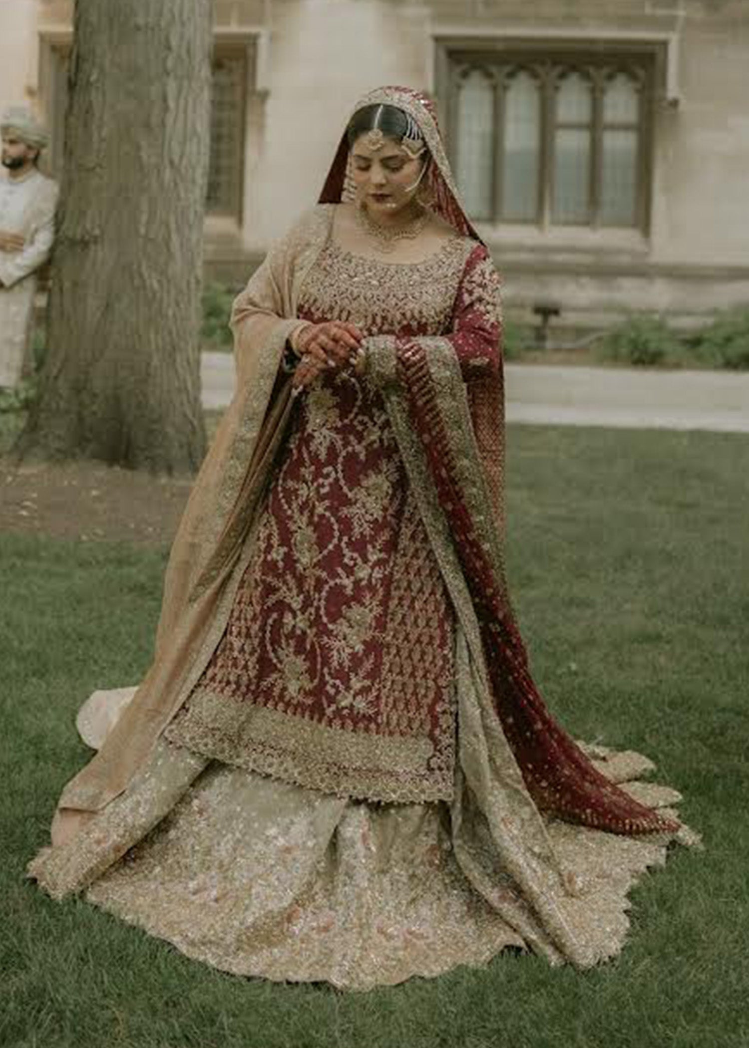 Deep Maroon Gold Embroidered Silk Bridal Lehenga (3-Piece) - Image 4