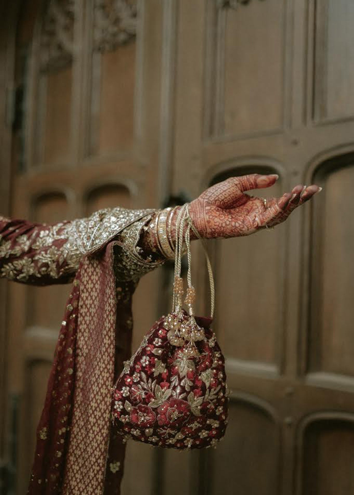 Deep Maroon Gold Embroidered Silk Bridal Lehenga (3-Piece) - Image 9