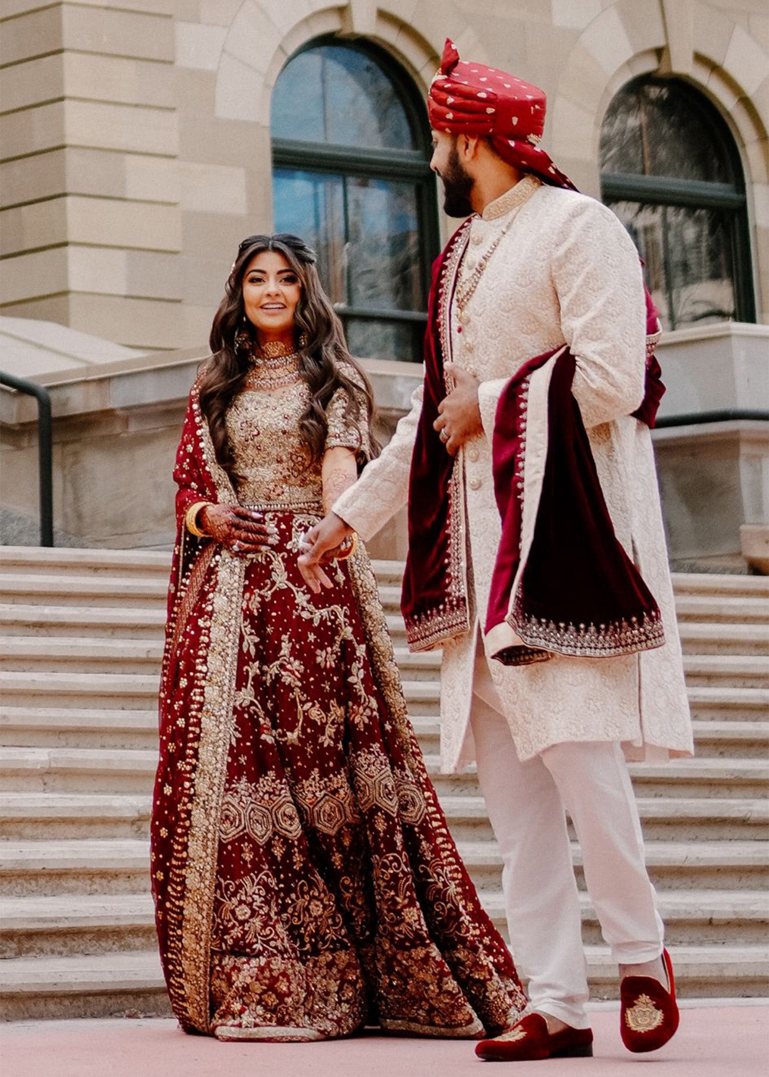 Pakistani Deep Maroon Embroidered Silk Bridal Lehenga (3-Piece) - Image 1