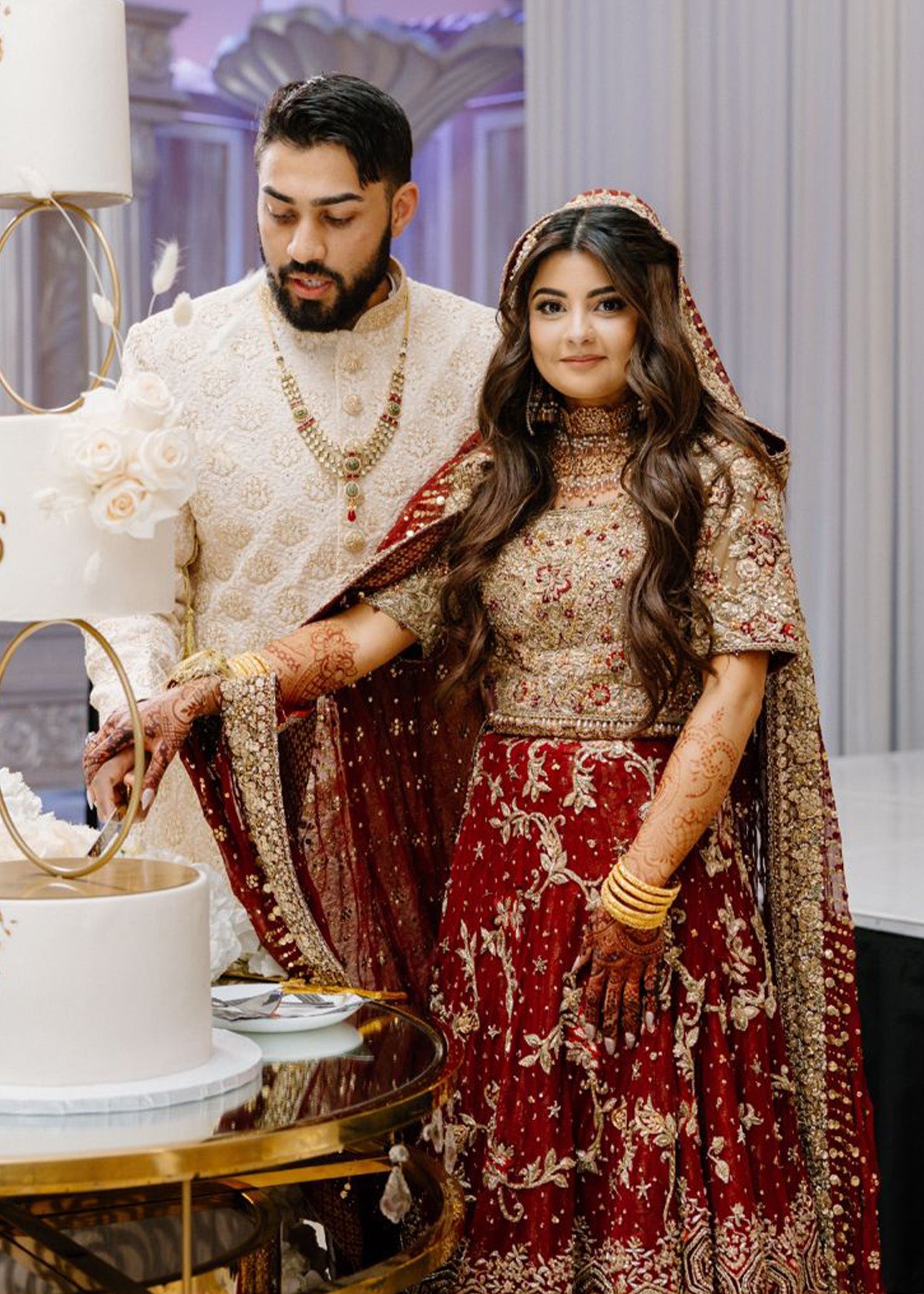 Pakistani Deep Maroon Embroidered Silk Bridal Lehenga (3-Piece) - Image 3