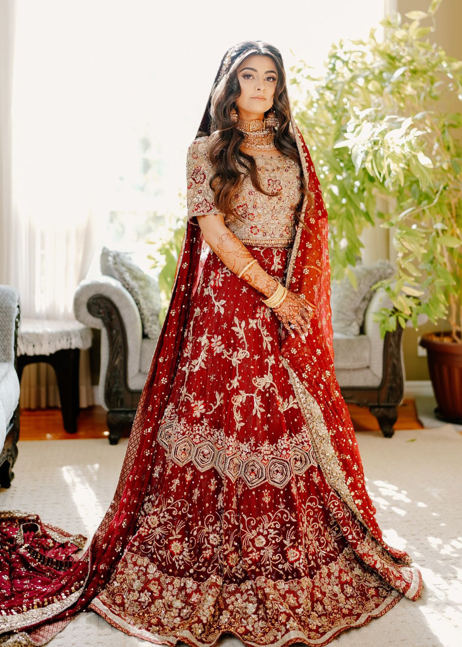 Pakistani Deep Maroon Embroidered Silk Bridal Lehenga (3-Piece) - Image 5
