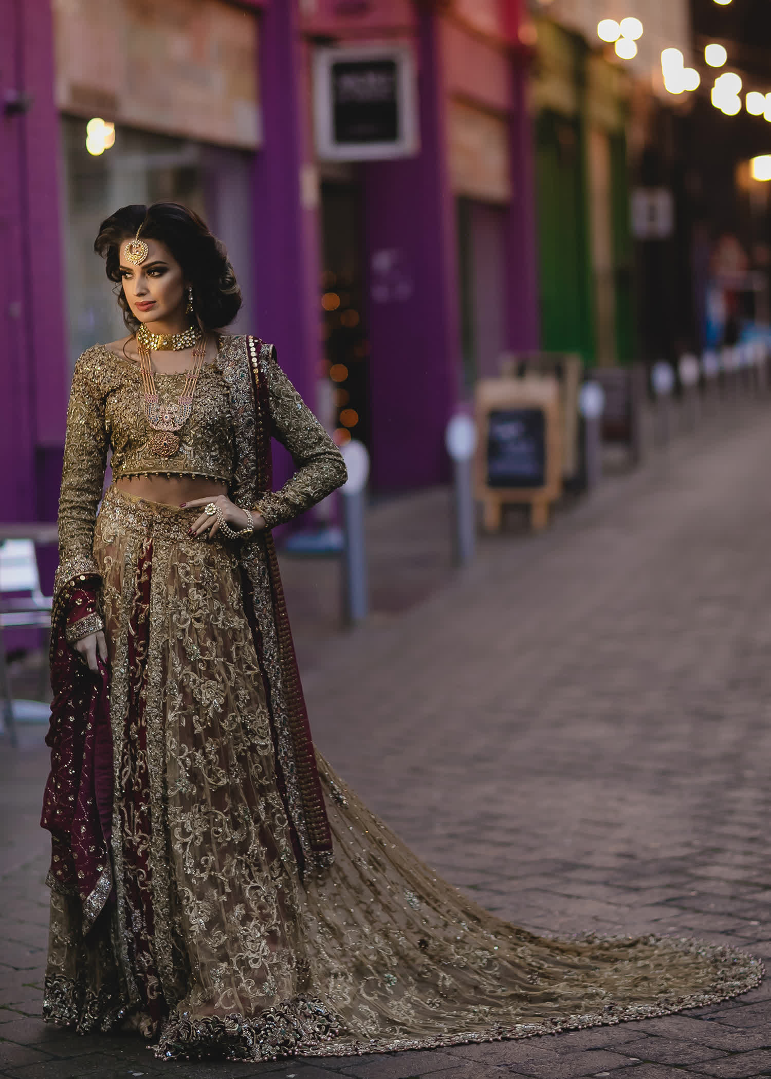 Pakistani Deep Maroon Zardozi Net Silk Bridal Lehenga (3-Piece) - Image 3