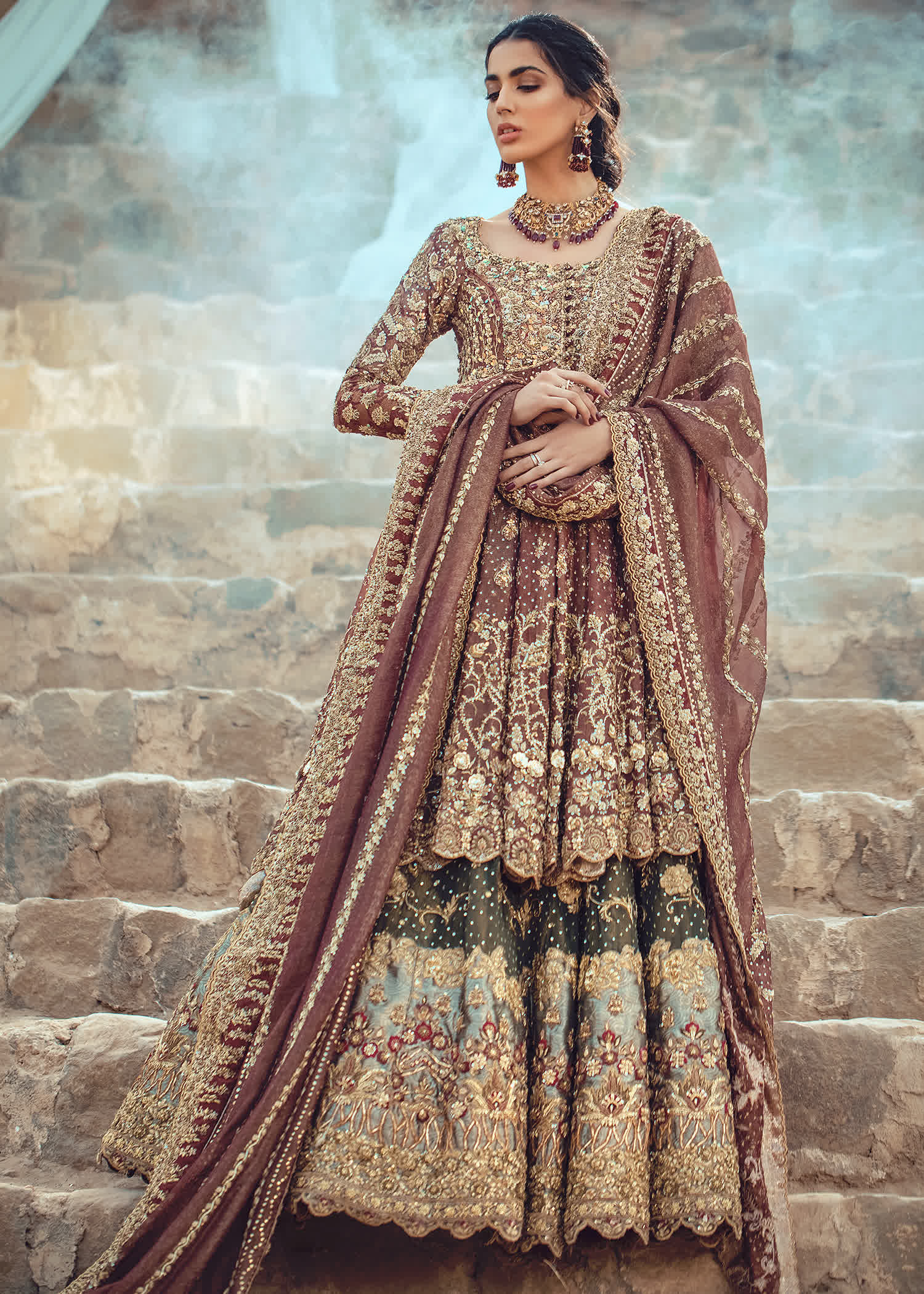 Pakistani Deep Maroon Zardozi Silk Bridal Lehenga (3-Piece) - Image 1