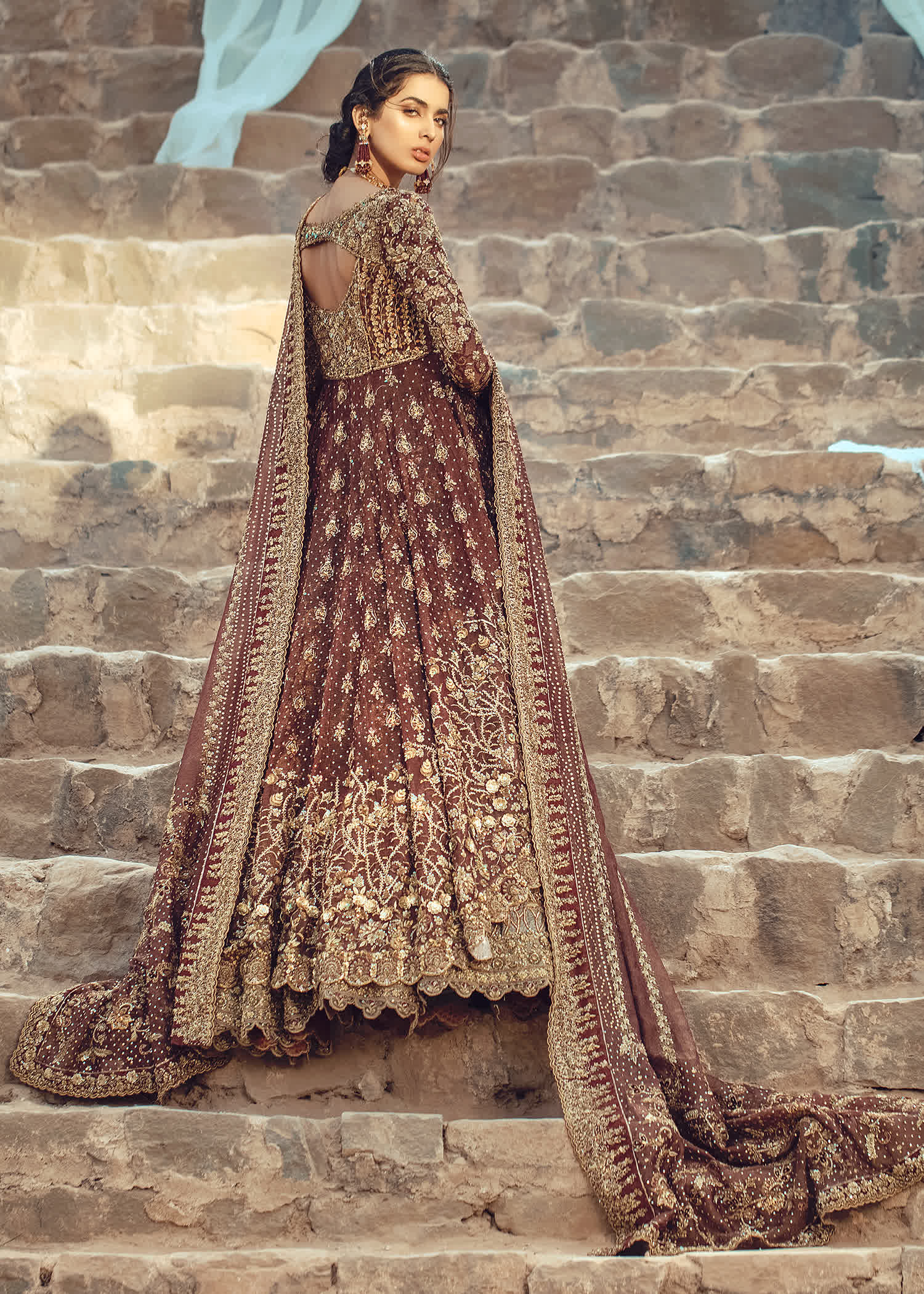 Pakistani Deep Maroon Zardozi Silk Bridal Lehenga (3-Piece) - Image 2