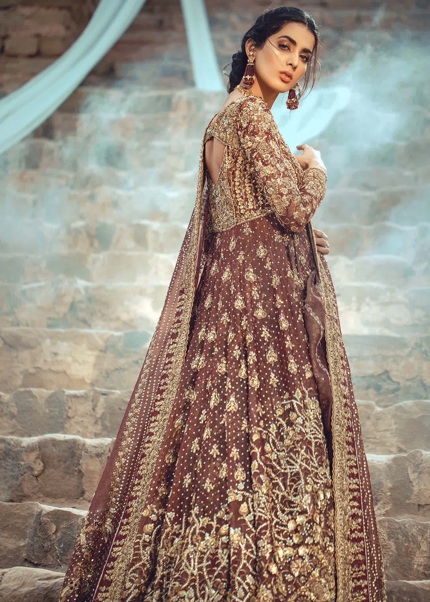 Pakistani Deep Maroon Zardozi Silk Bridal Lehenga (3-Piece) - Image 3