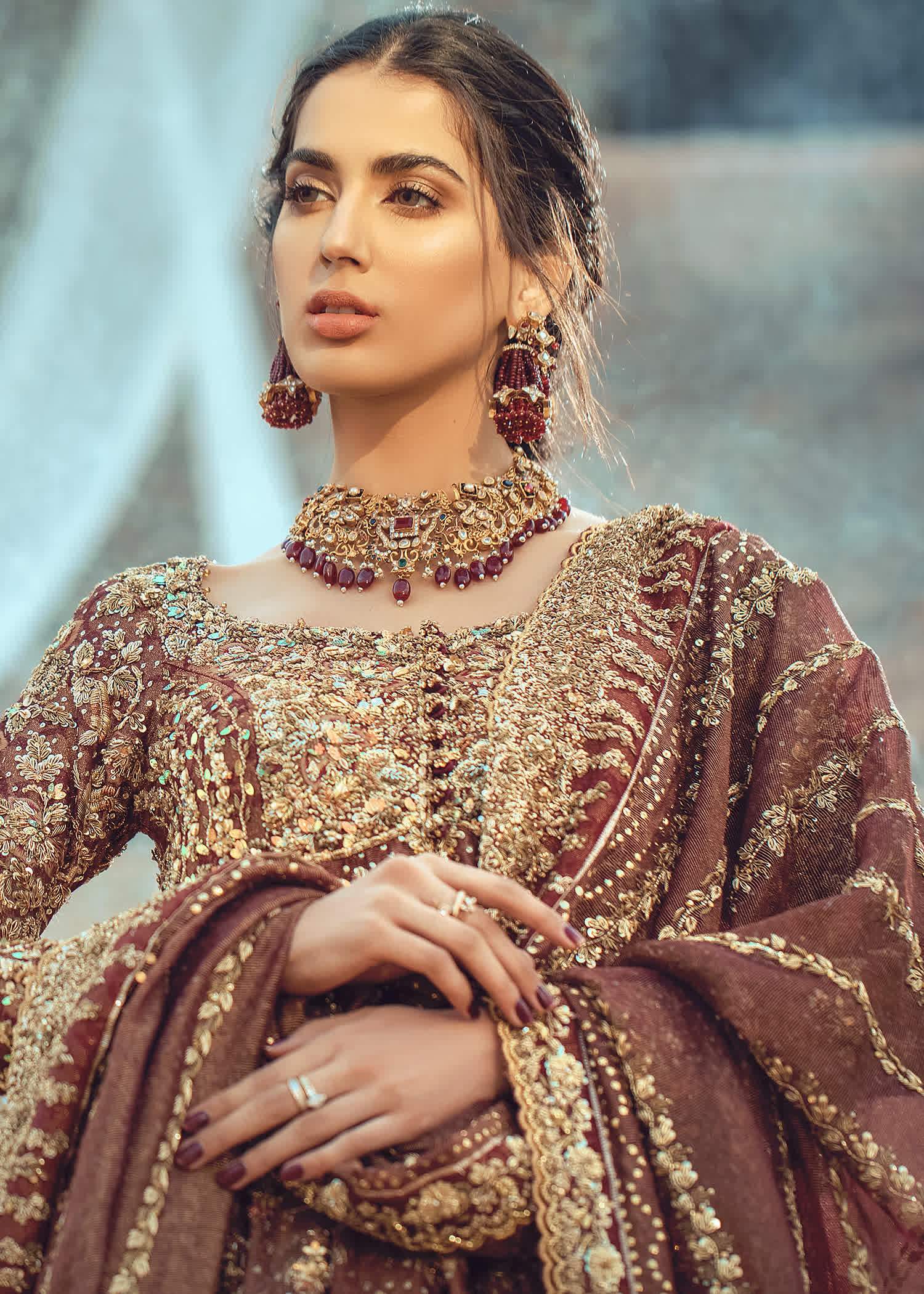 Pakistani Deep Maroon Zardozi Silk Bridal Lehenga (3-Piece) - Image 4