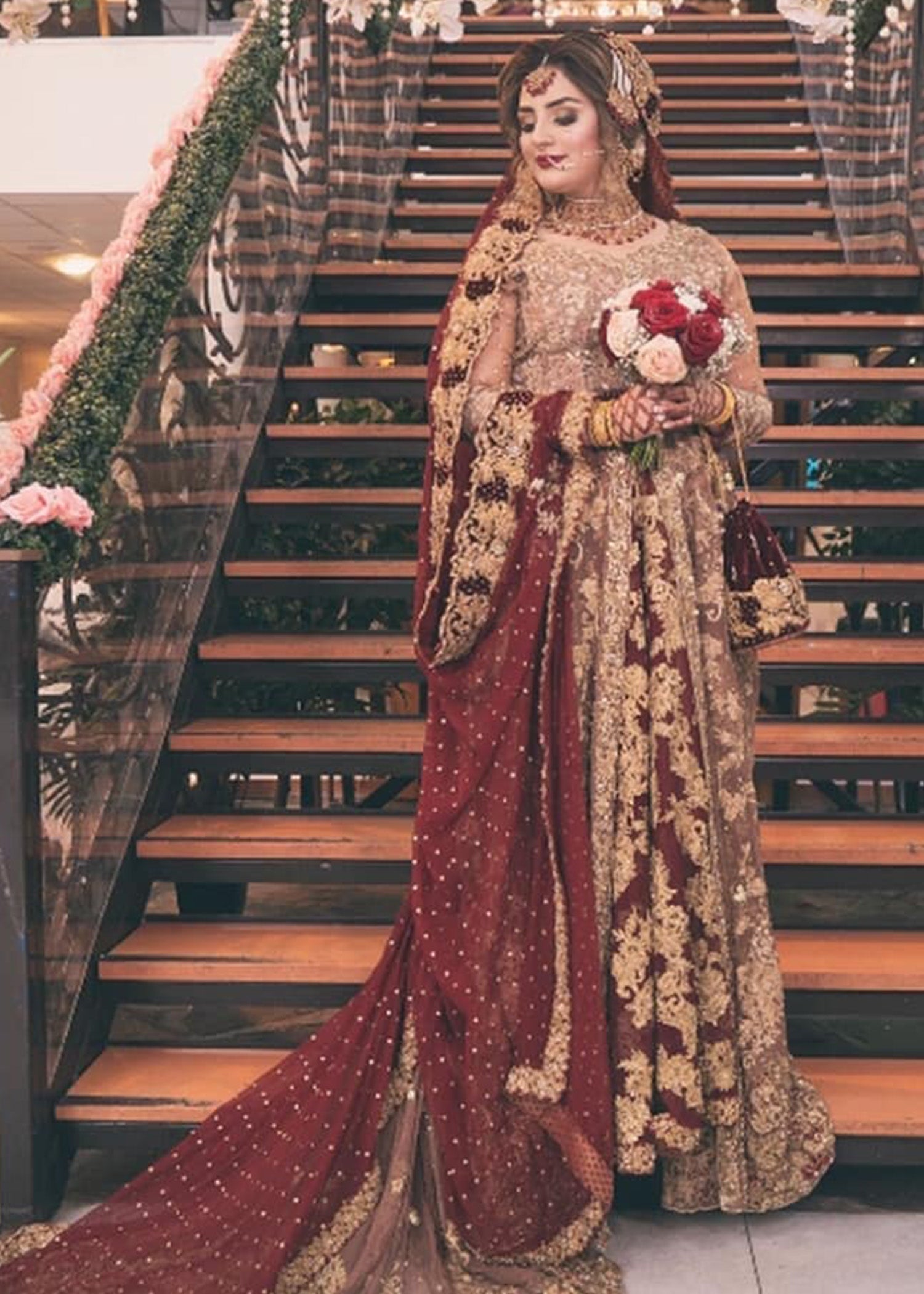 Pakistani Deep Maroon Gold Embellished Silk-Blend Bridal Lehenga (3-Piece) - Image 1