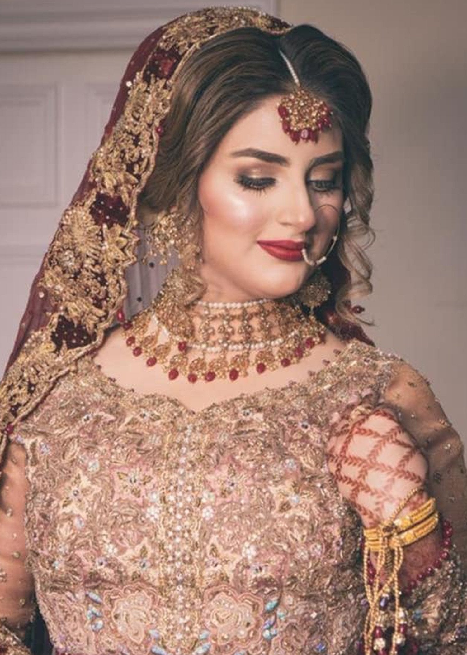 Pakistani Deep Maroon Gold Embellished Silk-Blend Bridal Lehenga (3-Piece) - Image 3