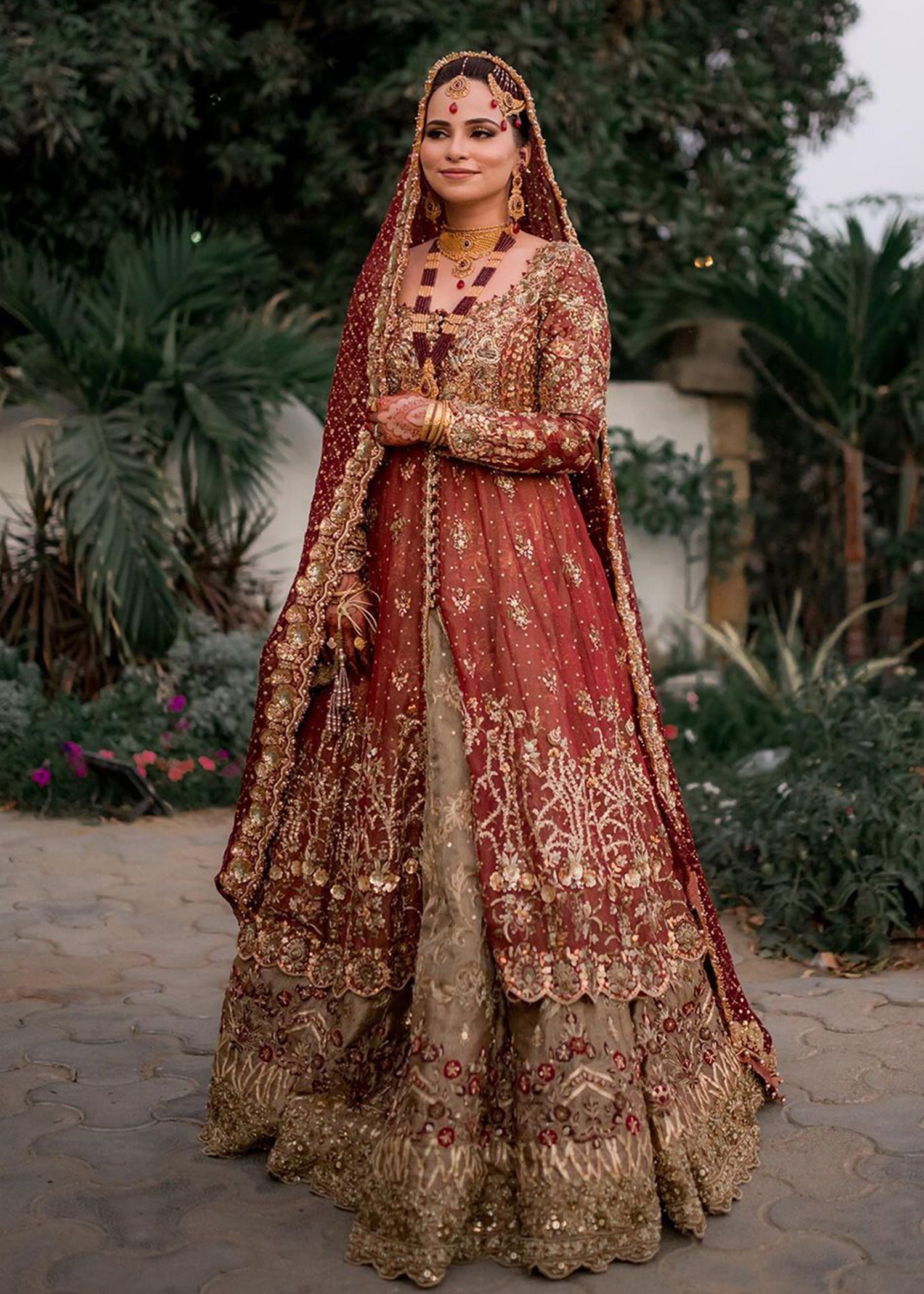 Pakistani Deep Maroon Gold Embroidered Net Silk Lehenga (3-Piece) - Image 1