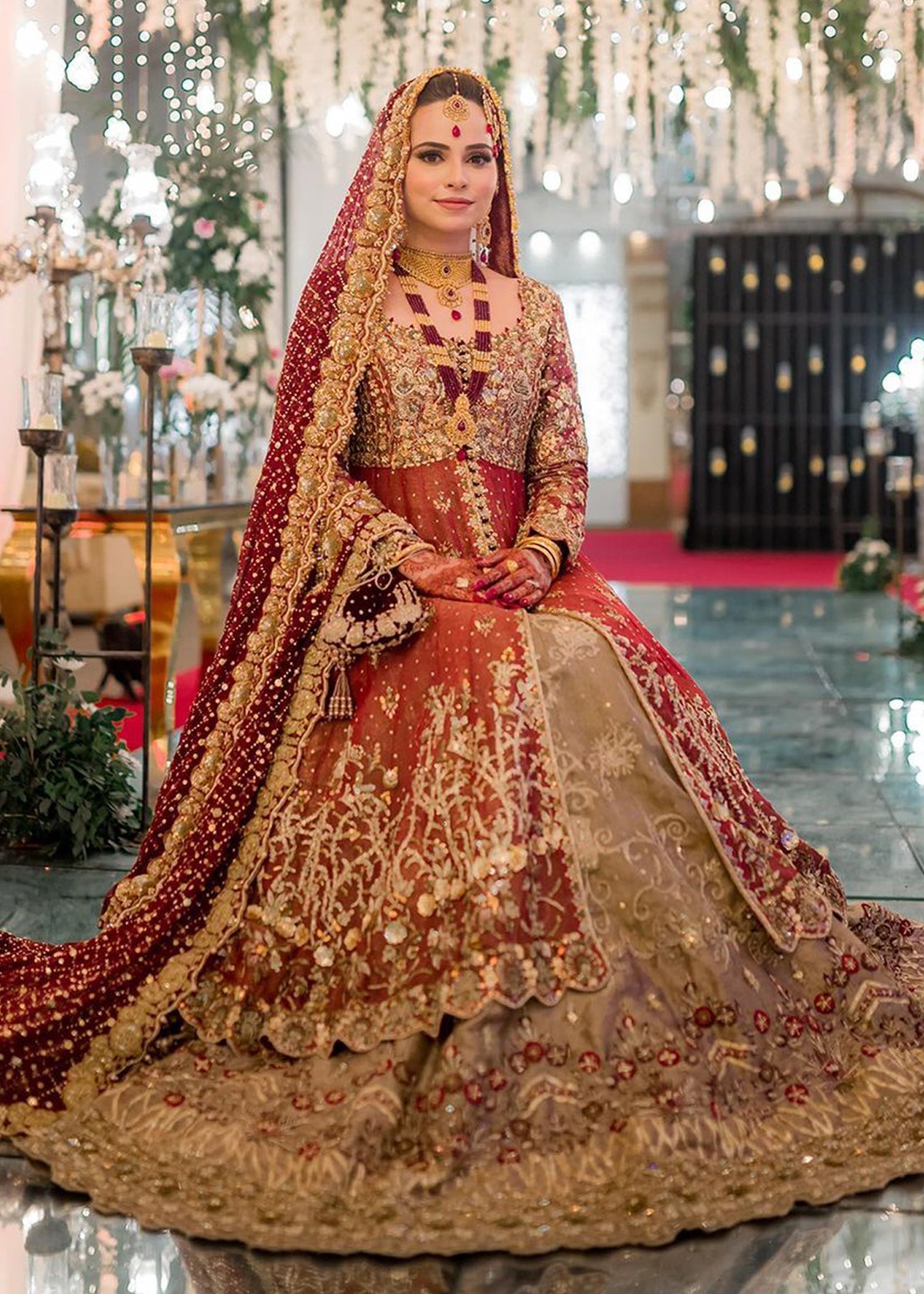 Pakistani Deep Maroon Gold Embroidered Net Silk Lehenga (3-Piece) - Image 3