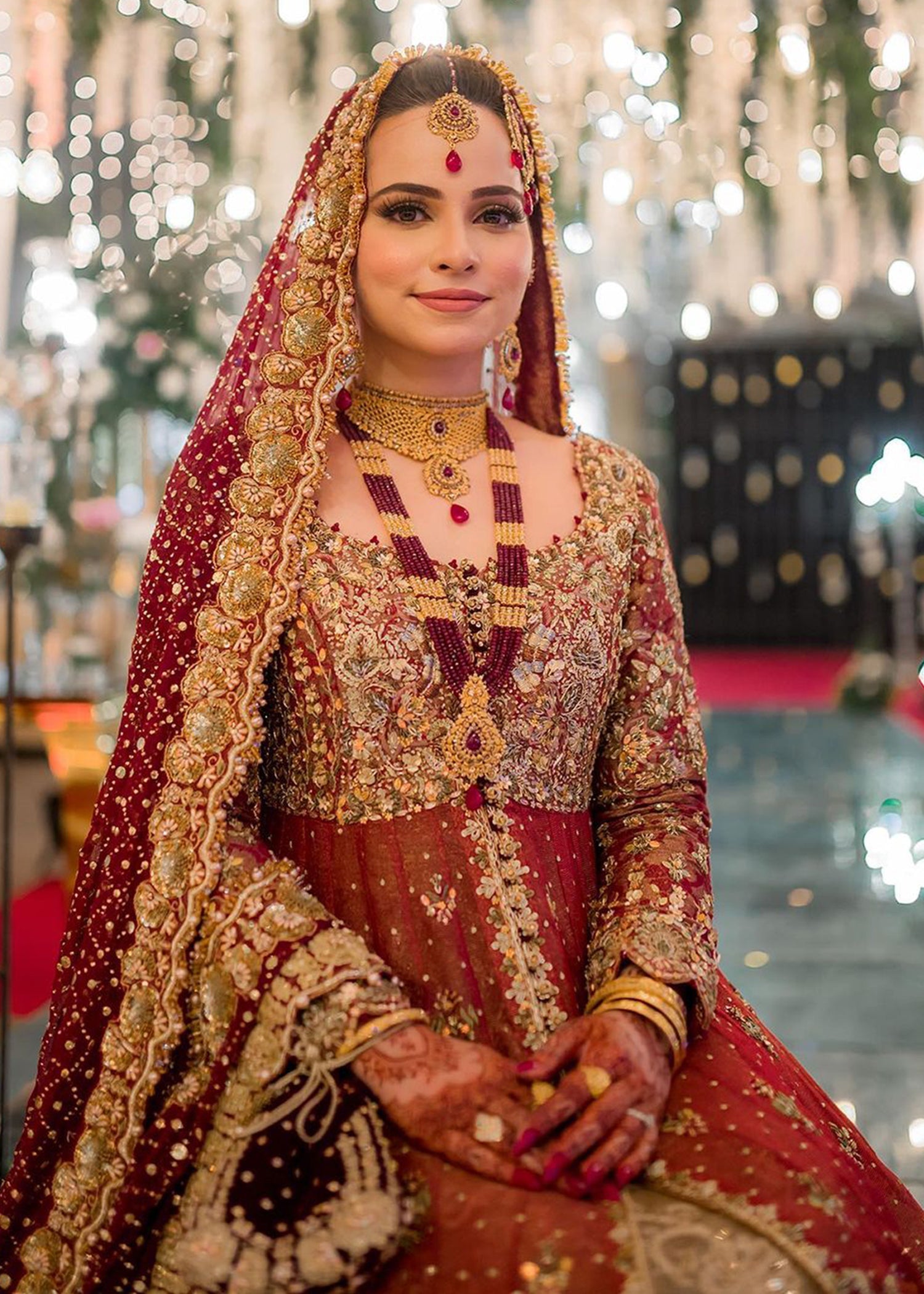 Pakistani Deep Maroon Gold Embroidered Net Silk Lehenga (3-Piece) - Image 4