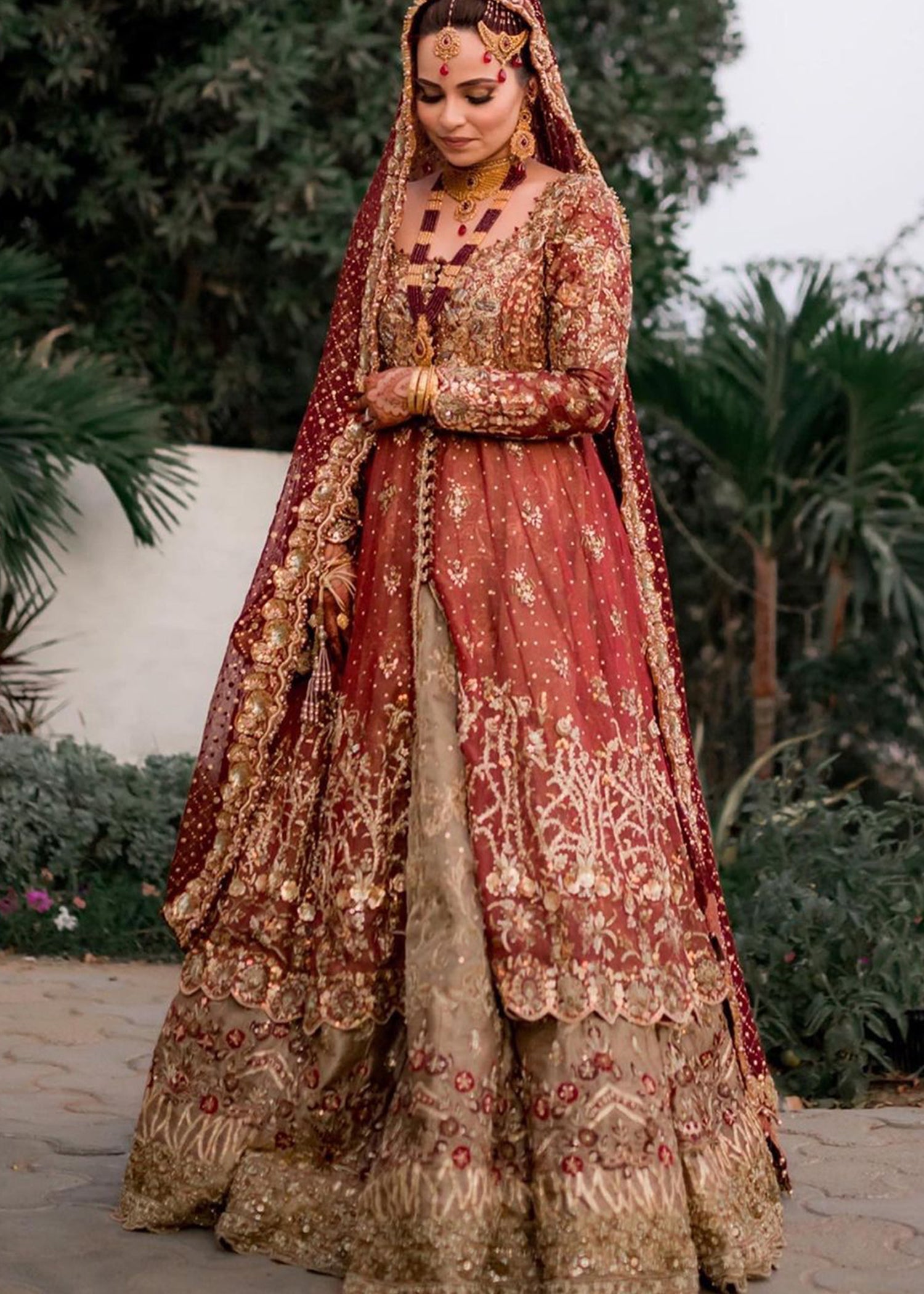 Pakistani Deep Maroon Gold Embroidered Net Silk Lehenga (3-Piece) - Image 5