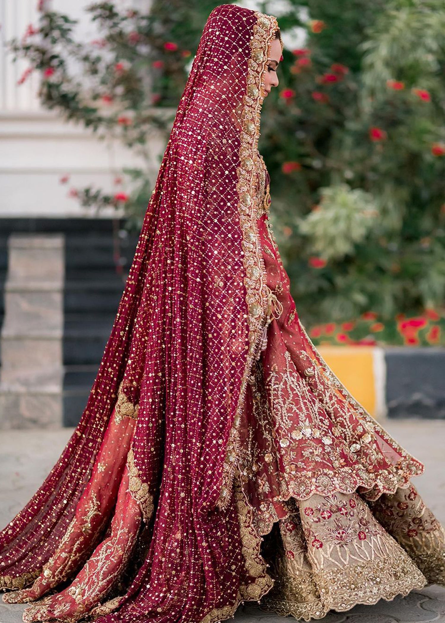 Pakistani Deep Maroon Gold Embroidered Net Silk Lehenga (3-Piece) - Image 6