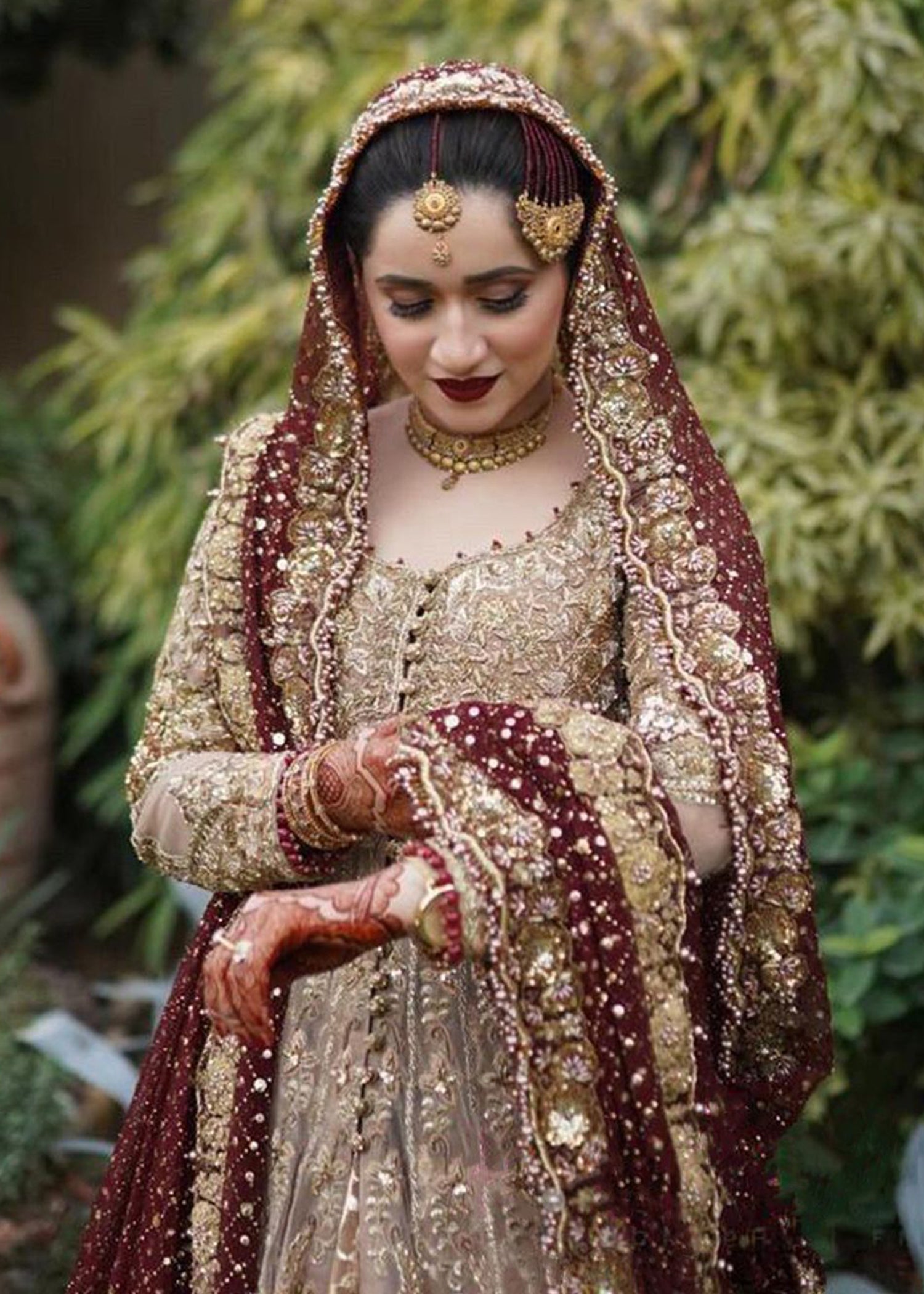 Pakistani Deep Maroon Gold Embroidered Silk Bridal Lehenga (3-Piece) - Image 1