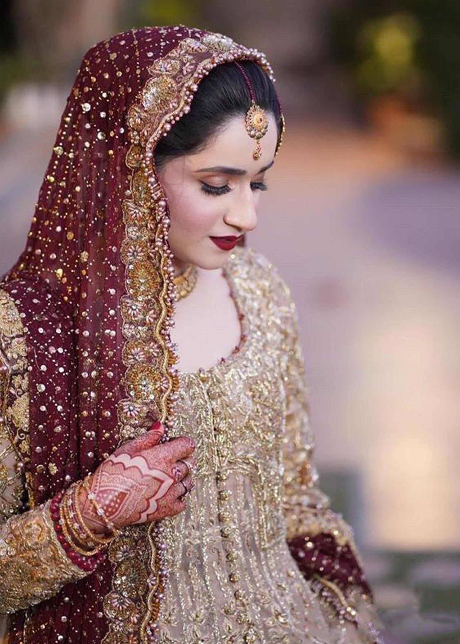 Pakistani Deep Maroon Gold Embroidered Silk Bridal Lehenga (3-Piece) - Image 2