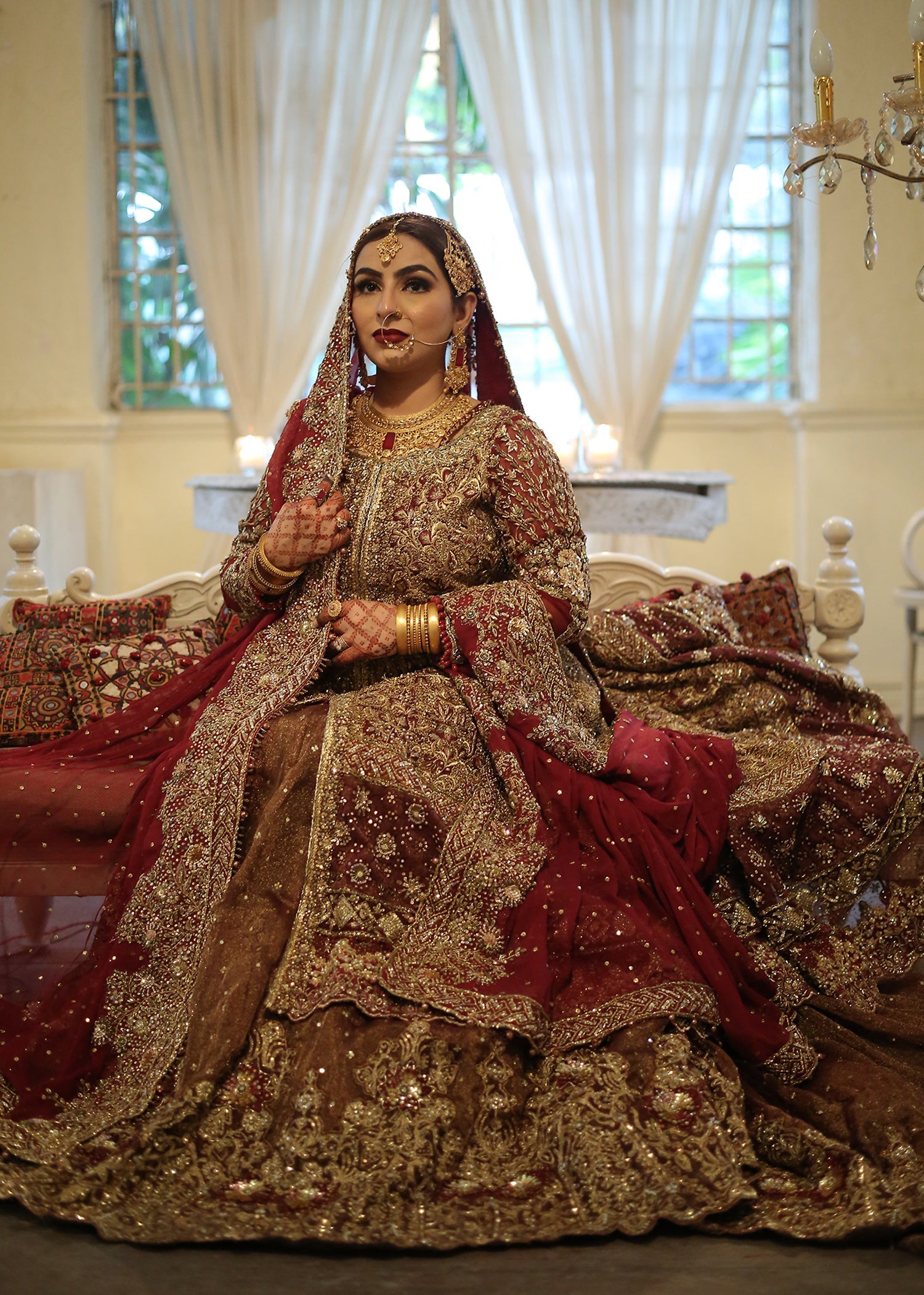 Deep Maroon Antique Gold Embroidered Silk Lehenga (3-Piece) - Image 2