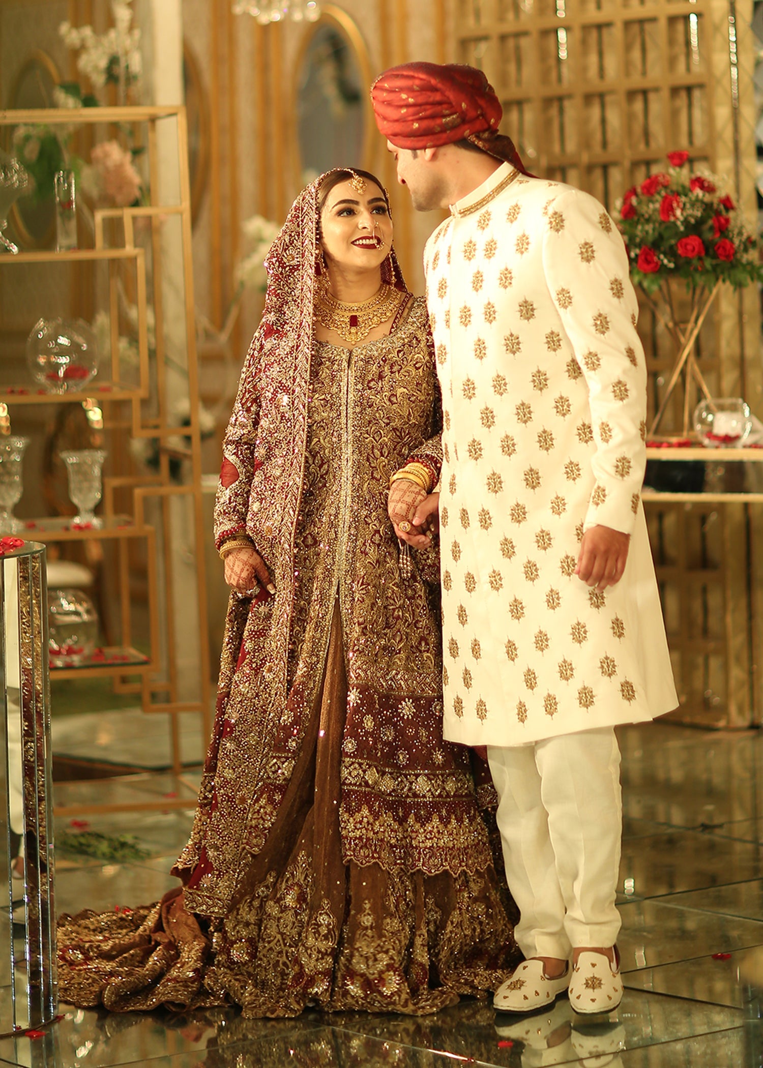 Deep Maroon Antique Gold Embroidered Silk Lehenga (3-Piece) - Image 3