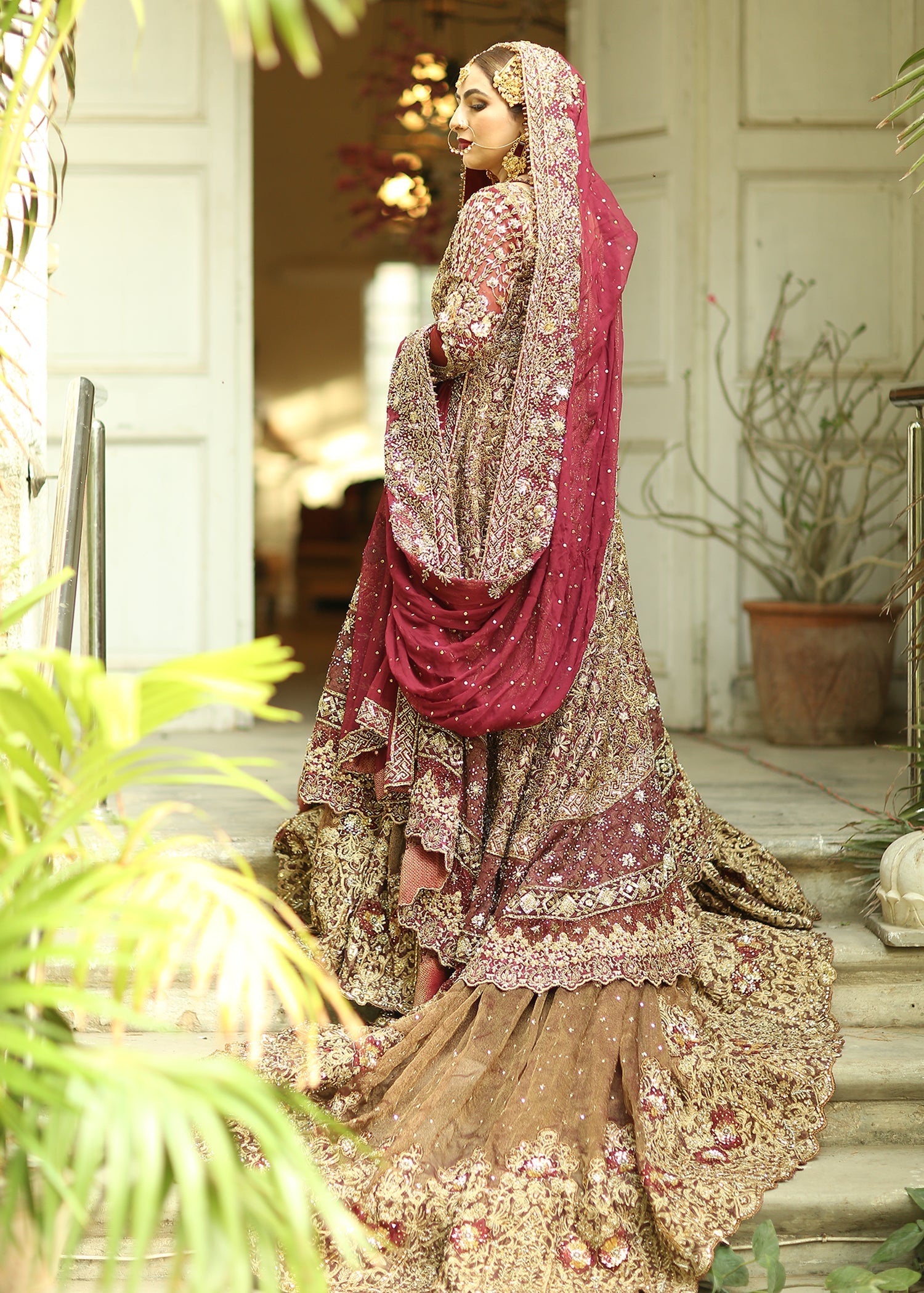 Deep Maroon Antique Gold Embroidered Silk Lehenga (3-Piece) - Image 5