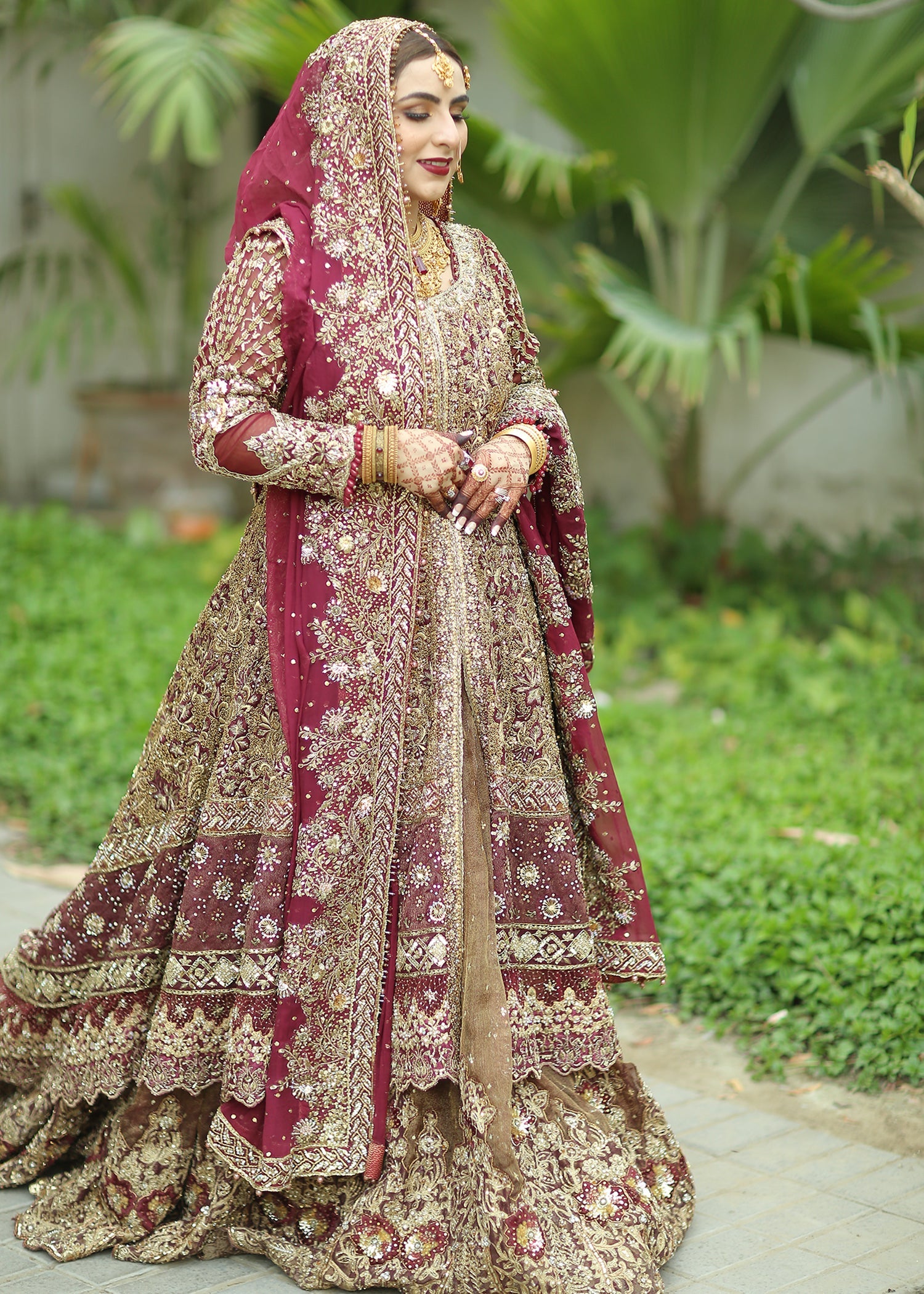 Deep Maroon Antique Gold Embroidered Silk Lehenga (3-Piece) - Image 6