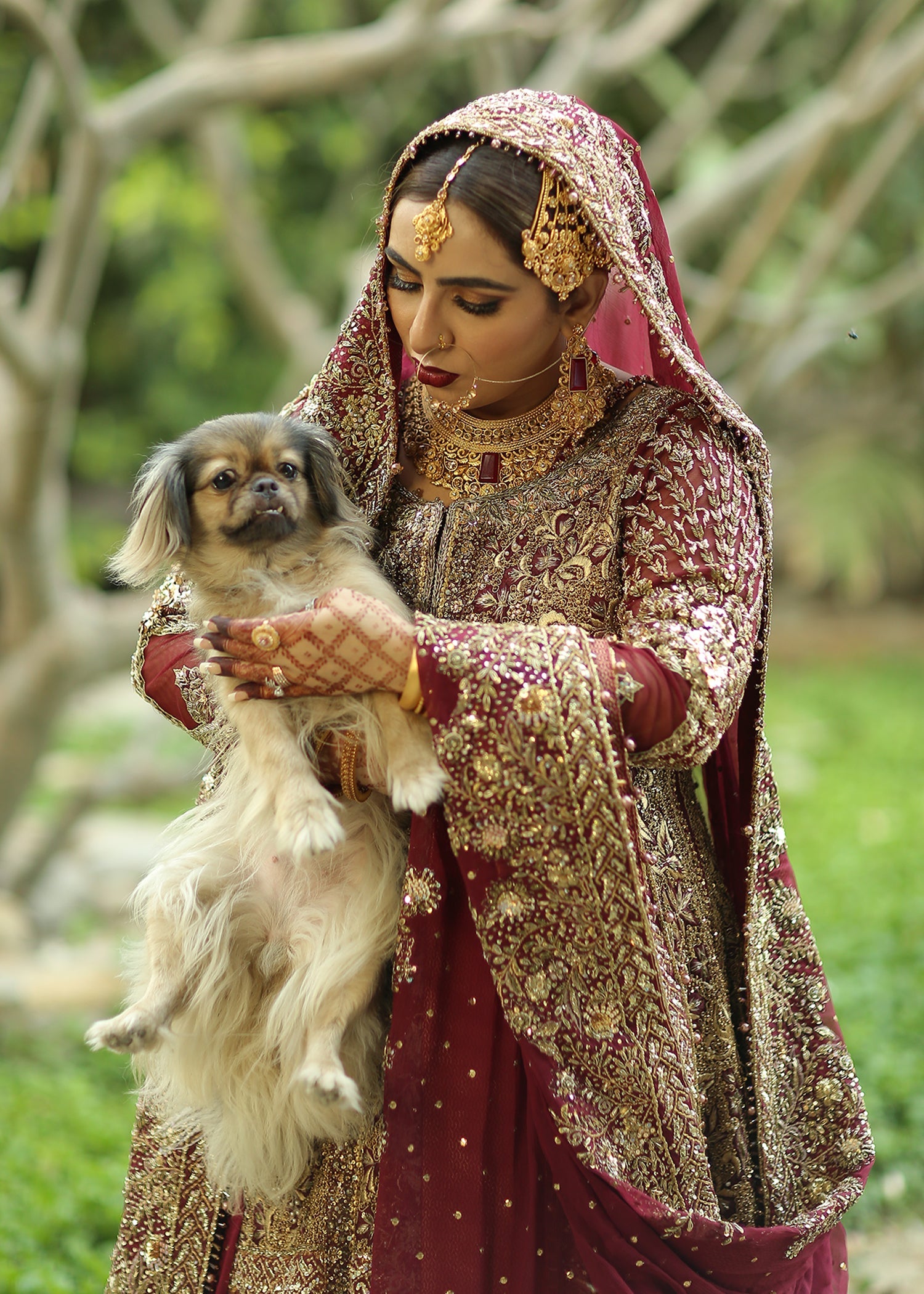 Deep Maroon Antique Gold Embroidered Silk Lehenga (3-Piece) - Image 7
