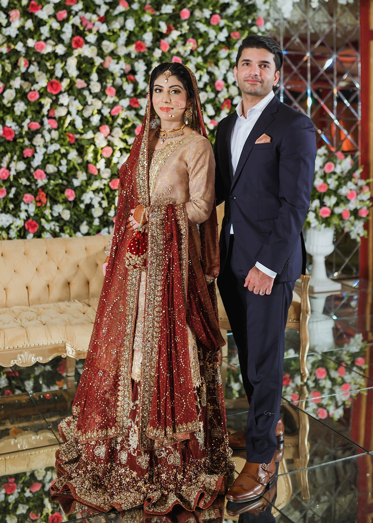 Pakistani Deep Maroon Zardozi Silk Bridal Lehenga (3-Piece) - Image 1