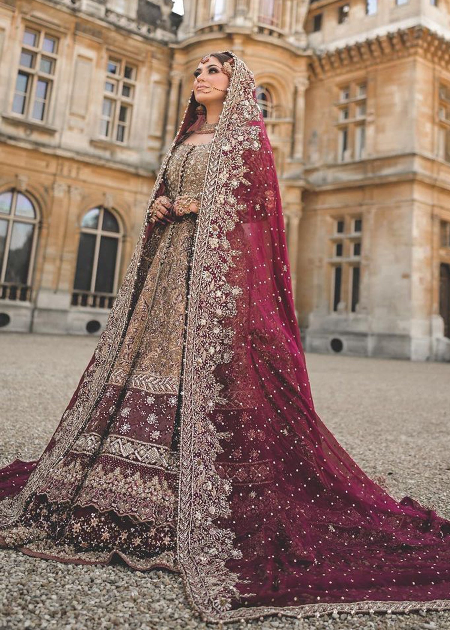 Pakistani Deep Maroon Zardozi Silk Bridal Lehenga (3-Piece) - Image 1