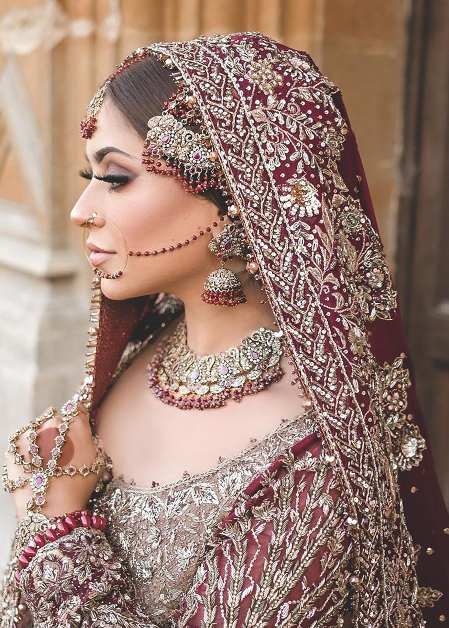 Pakistani Deep Maroon Zardozi Silk Bridal Lehenga (3-Piece) - Image 2