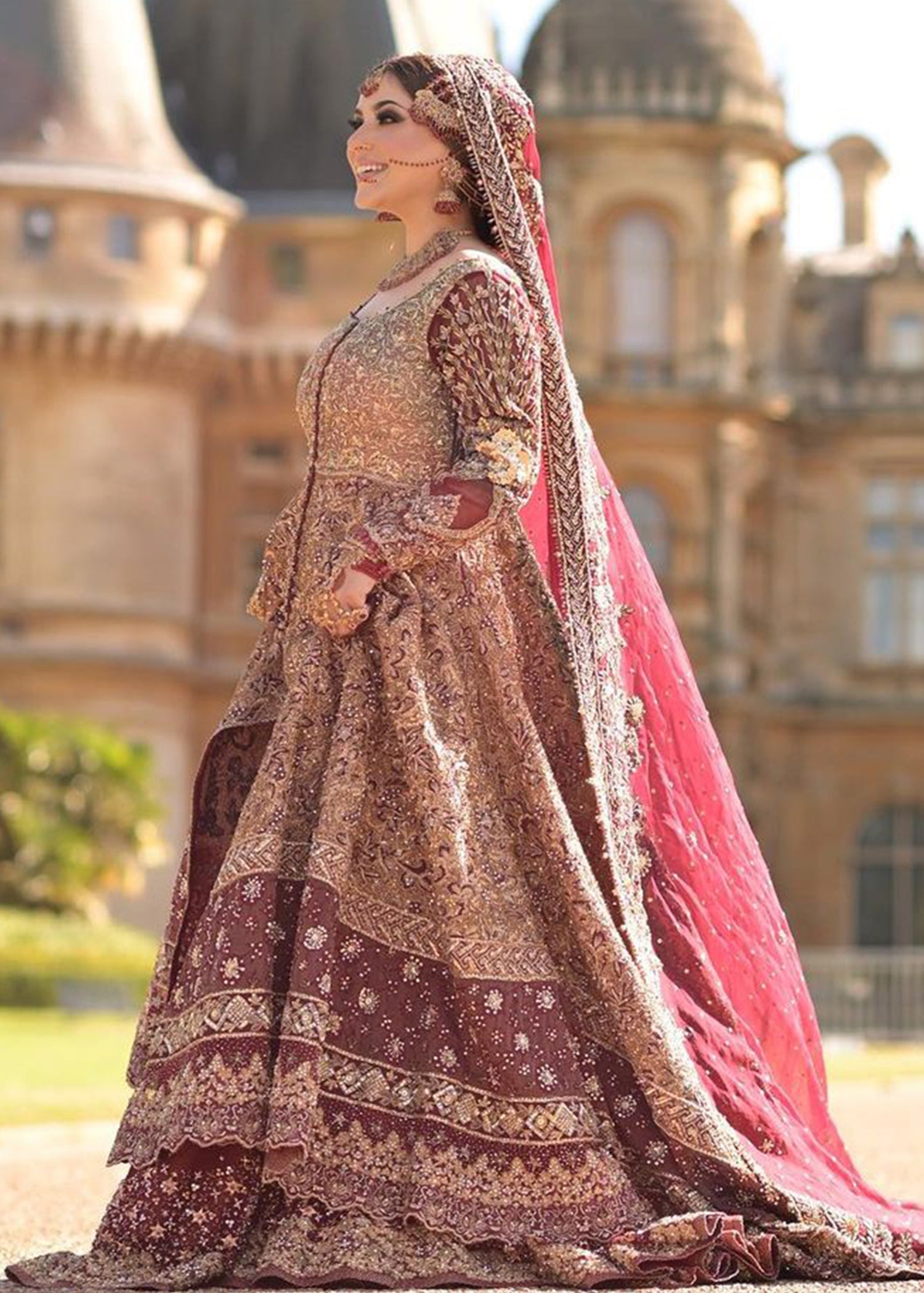 Pakistani Deep Maroon Zardozi Silk Bridal Lehenga (3-Piece) - Image 3