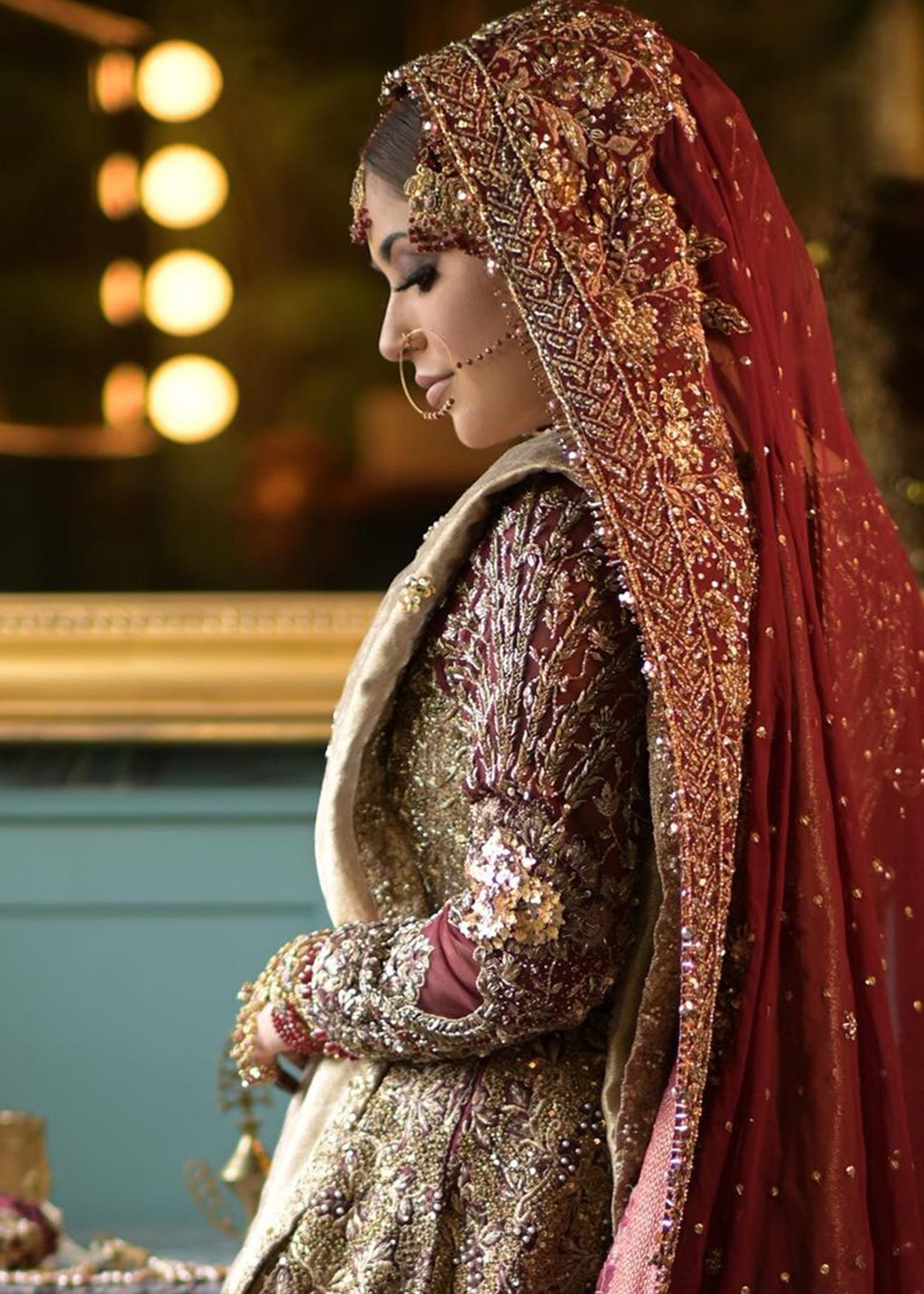 Pakistani Deep Maroon Zardozi Silk Bridal Lehenga (3-Piece) - Image 4