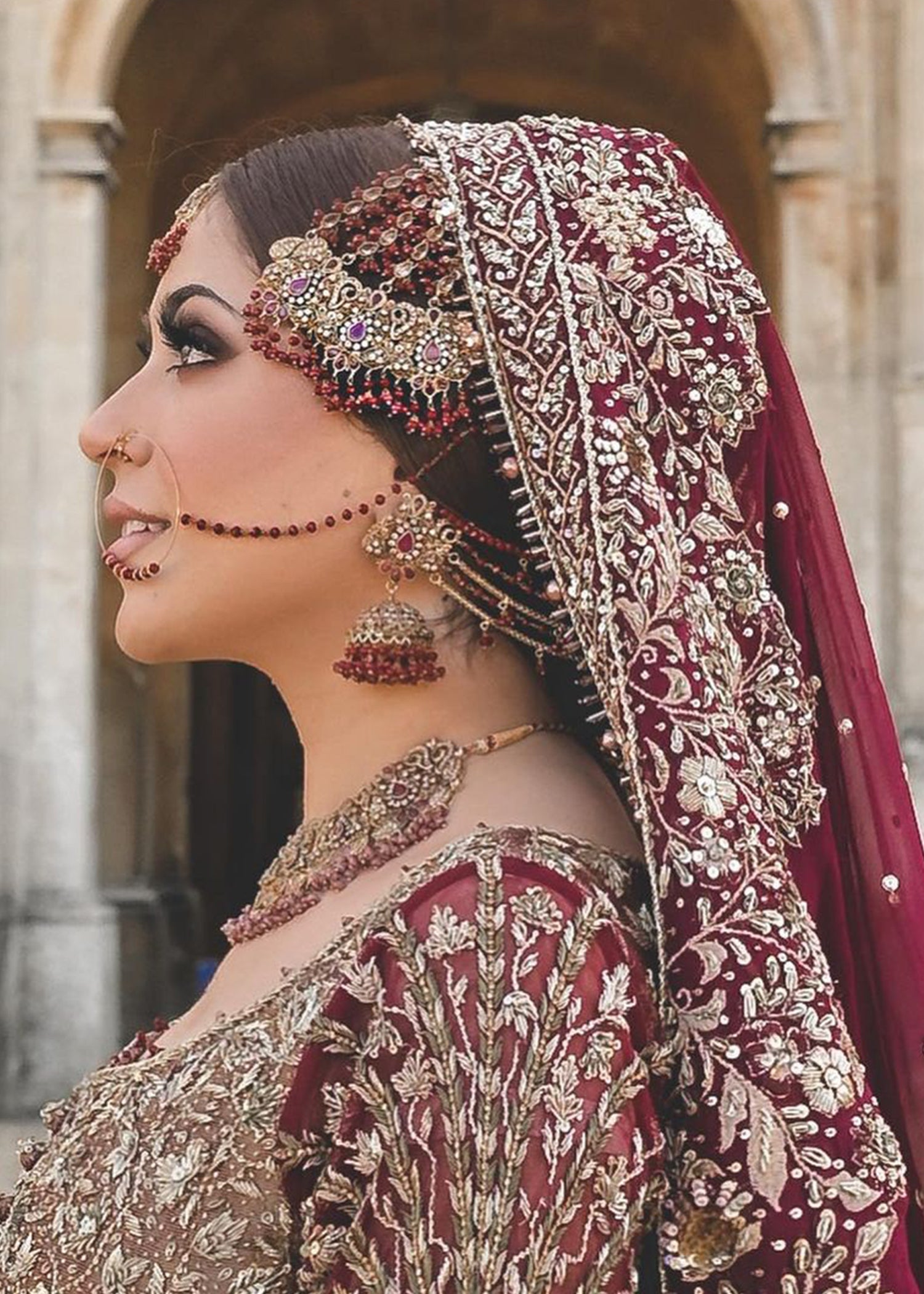 Pakistani Deep Maroon Zardozi Silk Bridal Lehenga (3-Piece) - Image 5