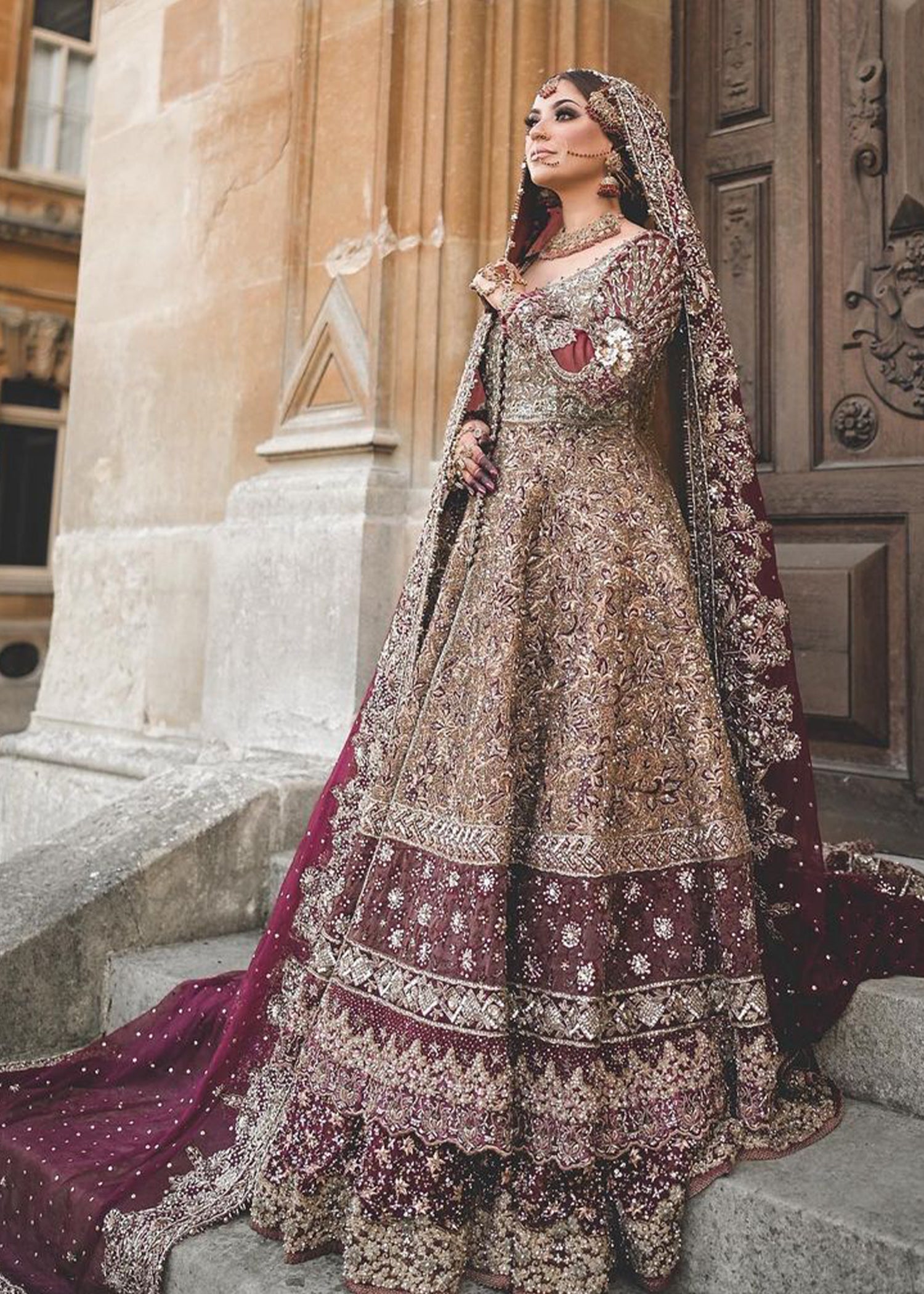 Pakistani Deep Maroon Zardozi Silk Bridal Lehenga (3-Piece) - Image 6