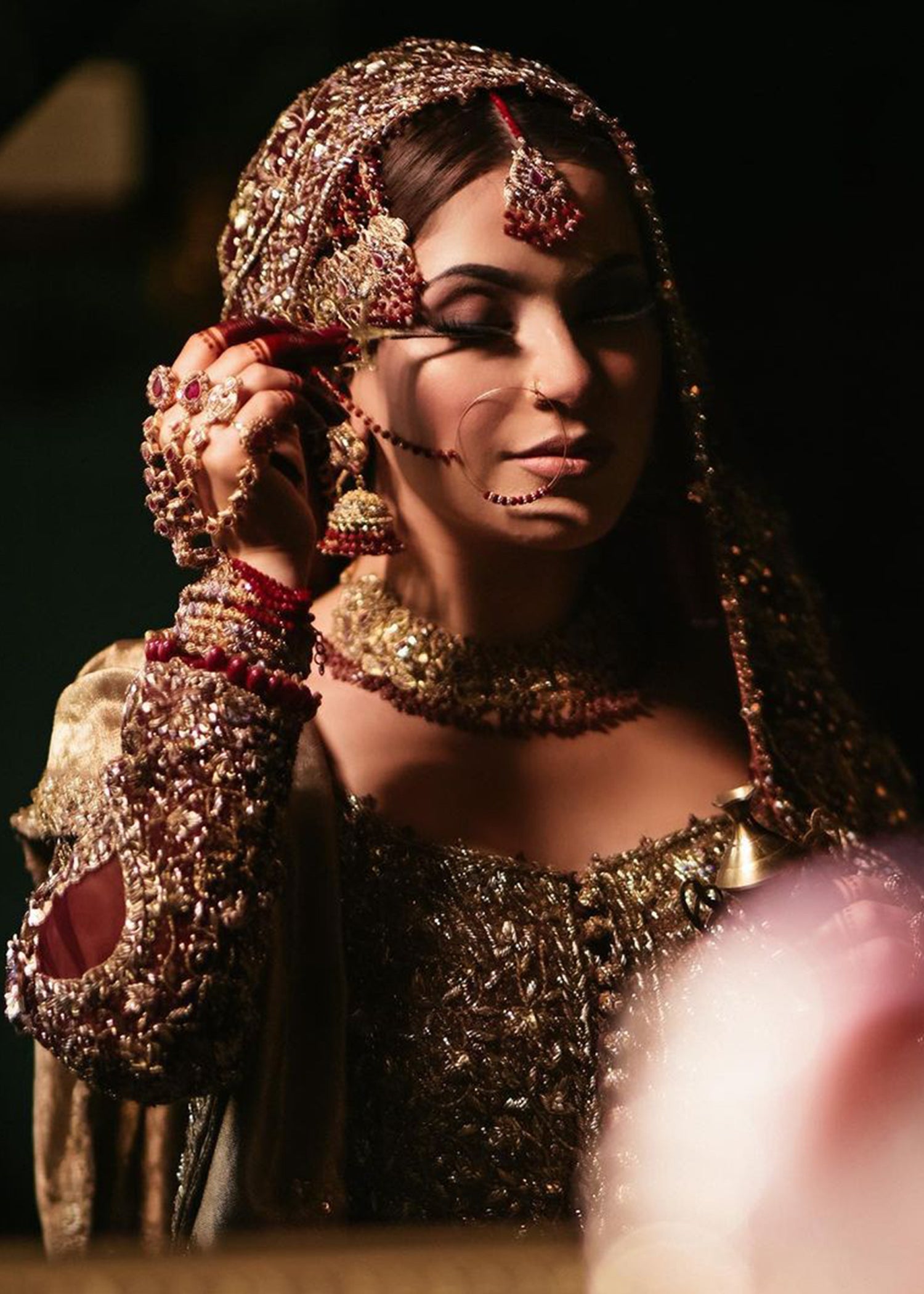 Pakistani Deep Maroon Zardozi Silk Bridal Lehenga (3-Piece) - Image 7