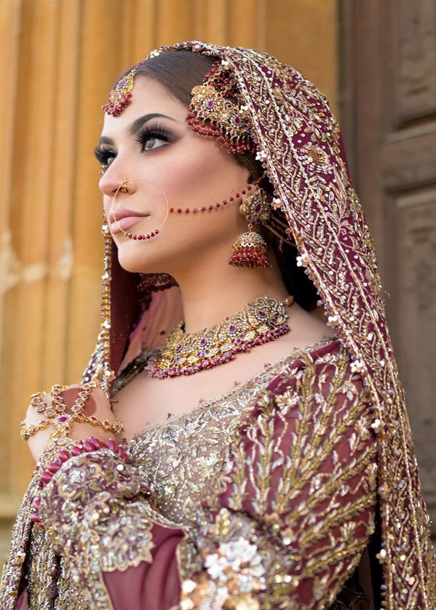 Pakistani Deep Maroon Zardozi Silk Bridal Lehenga (3-Piece) - Image 8