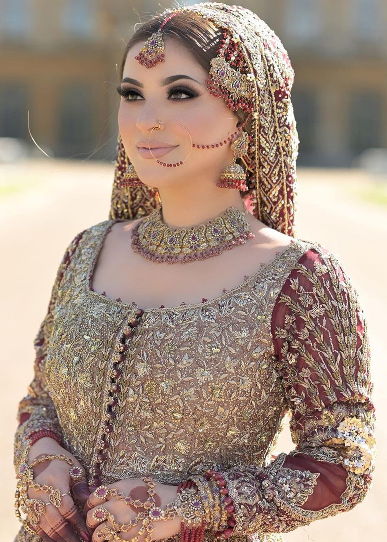 Pakistani Deep Maroon Zardozi Silk Bridal Lehenga (3-Piece) - Image 9