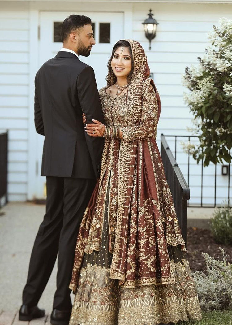 Pakistani Deep Maroon Gold Embroidered Silk Bridal Lehenga (3-Piece) - Image 1